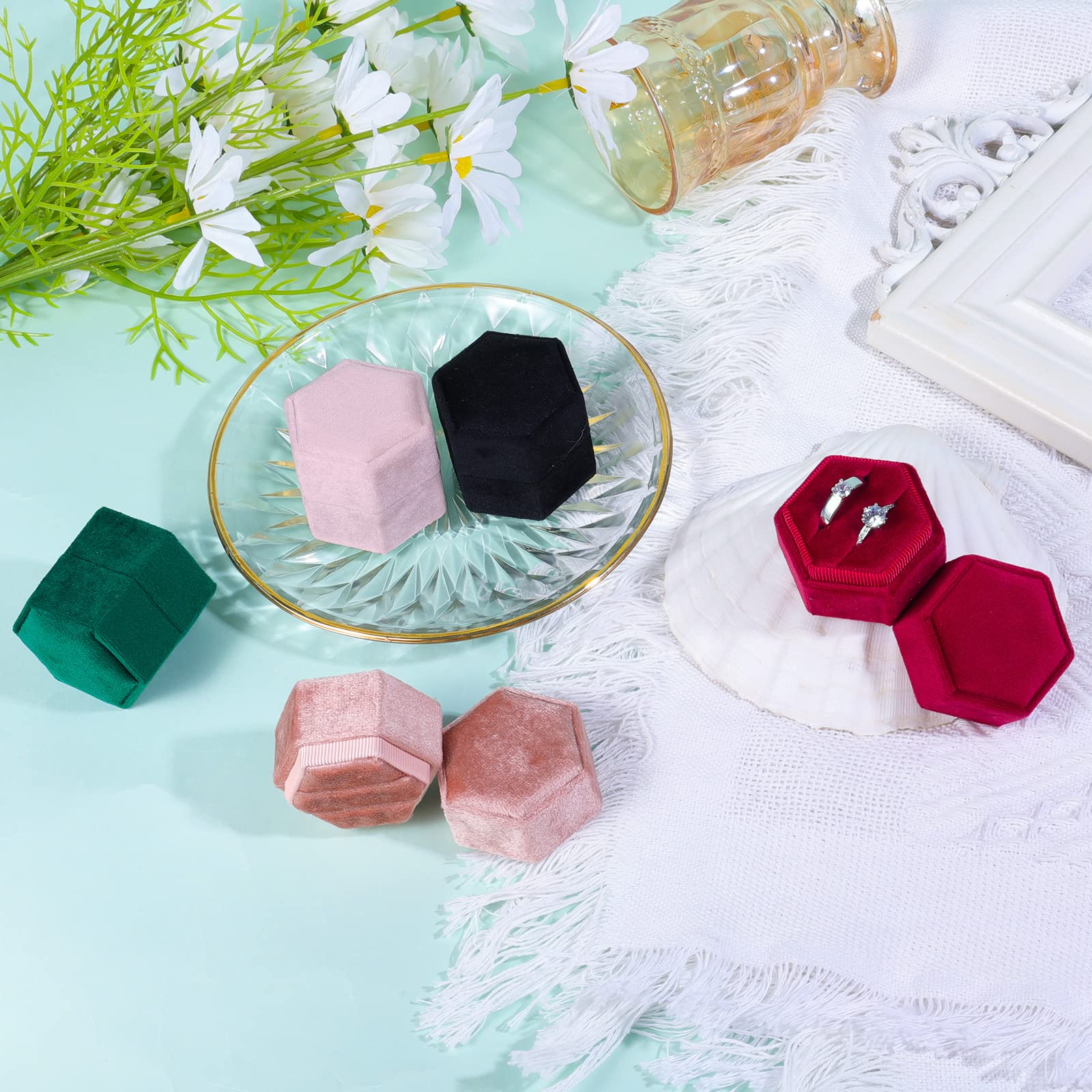 AIEX Velvet Hexagon Ring Box with Double Slots - Premium Jewelry Display Case for Engagement, Wedding & Valentine's Day Proposals - Holds 2 Rings (Black) - Perfect for Romantic Surprises & Wedding Ring Storage