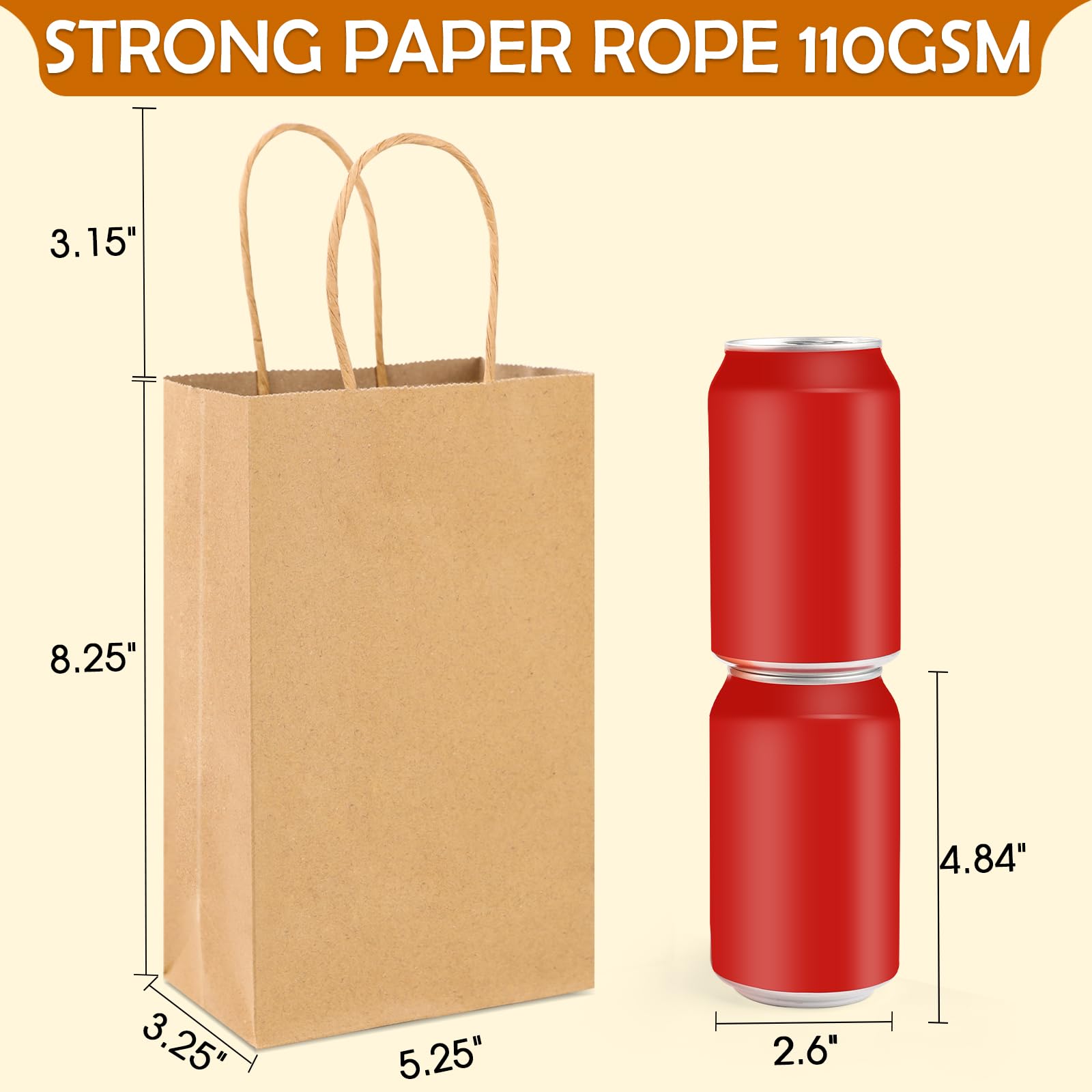 XPCARE 200Pcs Brown Kraft Paper Gift Bags with Handles 5.25x3.25x8.25'' - Bulk Eco-Friendly Party Favor Bags for Birthday, Wedding, Baby Shower & Retail Shopping - Small Business Gift Wrap Packaging Supplies