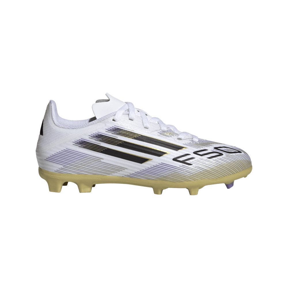 Adidas F50 League FG/MG Junior Football Cleats for Kids - White/Black/Metallic Gold Soccer Shoes | Perfect for Youth Training & Matches on Firm Ground & Artificial Turf