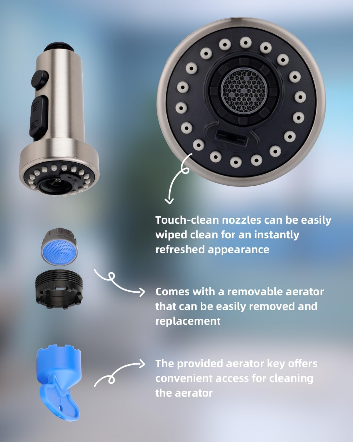 Hibbent Pull Down Kitchen Faucet Spray Head Replacement - 3 Function Sink Faucet Nozzle with 15 Universal Adapters - Fits Moen, Delta, Kohler, American Standard - Brushed Nickel Finish - Ideal for Kitchen Sink Upgrades & DIY Plumbing Repairs