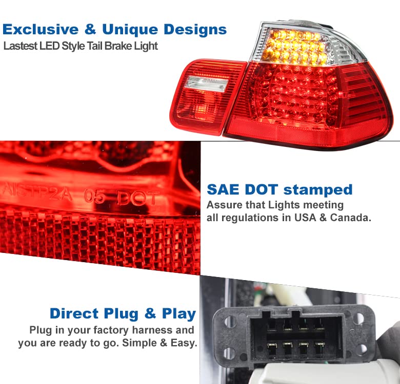 Bright Red LED Tail Brake Lights Rear Lamps - Compatible with 2002-2005 BMW 3 Series E46 Sedan 4Dr - Enhanced Visibility & Safety for Night Driving