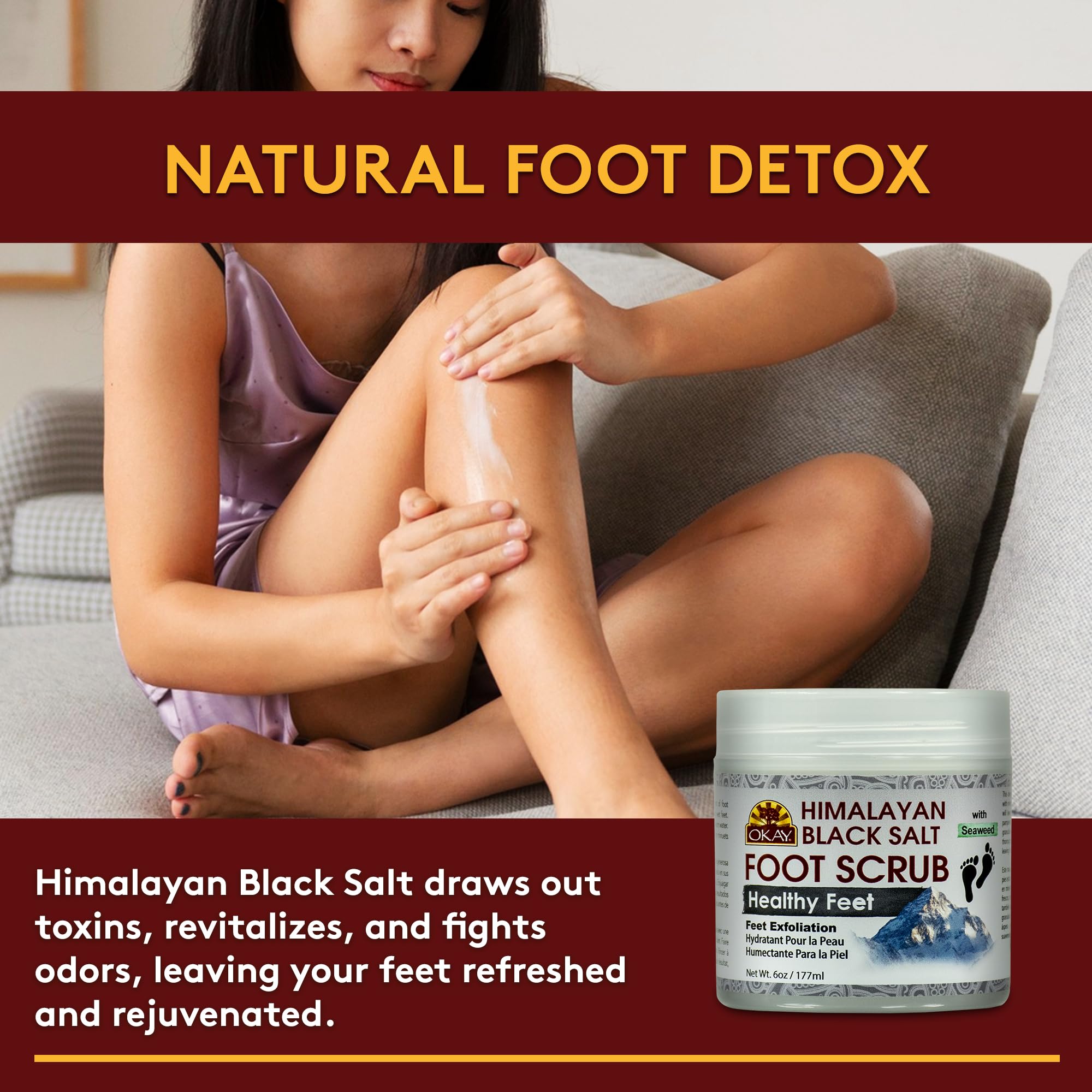 OKAY Pure Naturals Black Salt Foot Scrub 6oz - Exfoliating & Moisturizing Dead Skin Remover for Soft Feet - Perfect for Pedicures, Cracked Heels & At-Home Spa Treatments