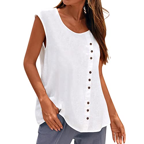 Women's Summer Sleeveless Button Vest Blouse - Casual Loose Fit Round Neck Tank Top for Women (White, Medium) | Perfect for Beach Outings, Office Wear & Summer Travel