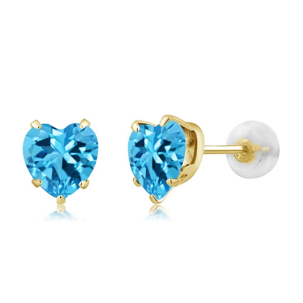 10K Yellow Gold Swiss Blue Topaz Heart Stud Earrings for Women & Men - 1.90 Cttw Birthstone Jewelry (6mm) - Perfect Gift for Anniversary, Valentine's Day & Special Occasions