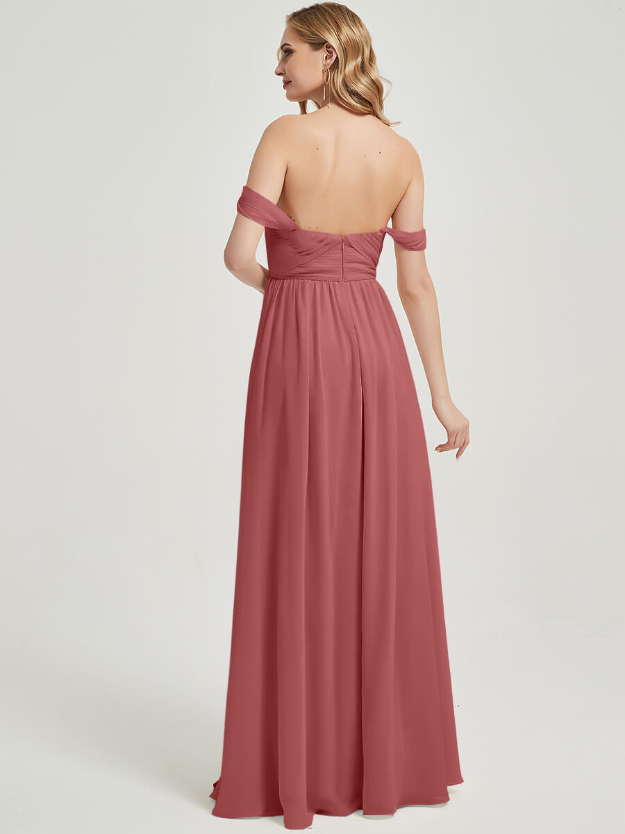 Elegant Desert Rose Pleated Convertible Maxi Chiffon Bridesmaid Dress for Weddings & Formal Events | Flowy A-Line Gown with Adjustable Straps