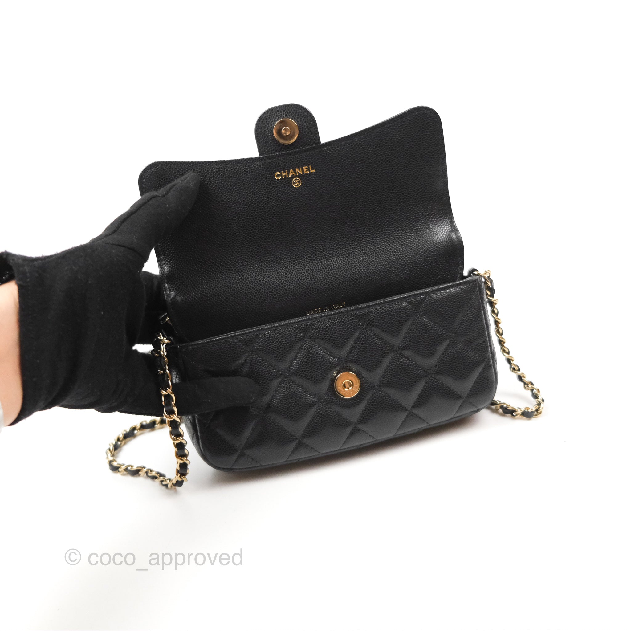 Chanel Classic Flap Phone Holder with Chain - Black Caviar Leather & Gold Hardware | Luxury Phone Crossbody Bag for Women | Perfect for Parties, Shopping & Everyday Use