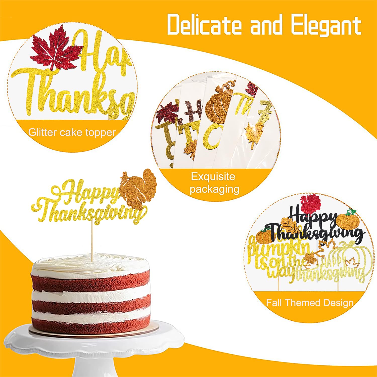Happy Thanksgiving Cake Topper - 1 Pack Fall Glitter Cake Decorations with Autumn Turkey Design for Thanksgiving Party, Baby Shower & Birthday - Harvest Theme Cake Picks for Seasonal Dessert Decorating (Perfect for Thanksgiving Desserts, Fall Harvest Celebrations & Autumn-Themed Parties)
