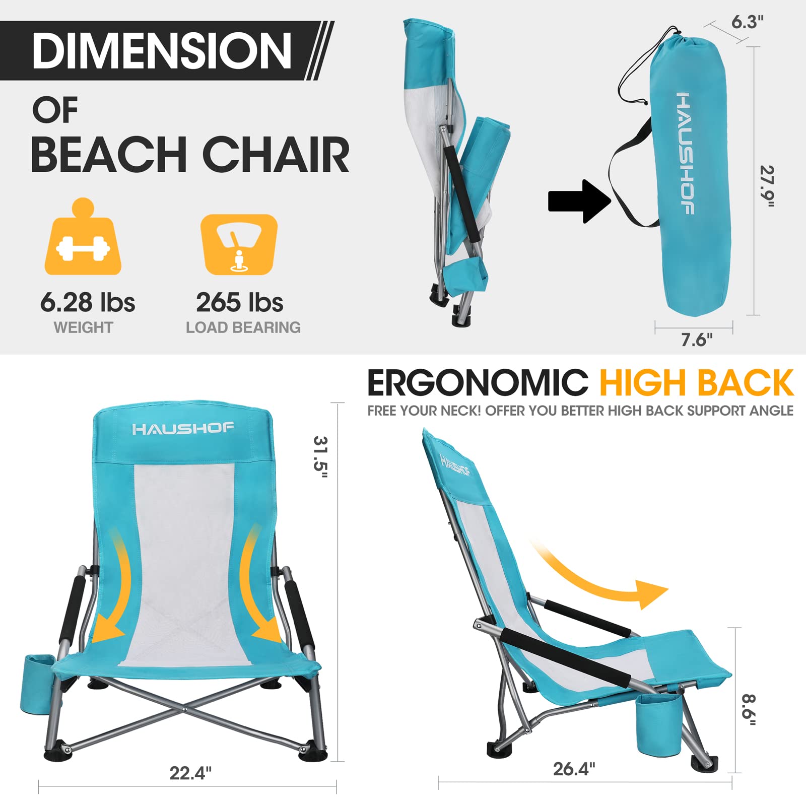 HAUSHOF High Back & Low Beach Chairs Set - Lightweight Folding Camping Chairs with Mesh Back, Cup Holder & Carry Bag - Comfortable Padded Armrests for Outdoor, Beach, Lawn, Camping, Picnics & Festivals | Perfect for Summer Relaxation & Backyard Gatherings