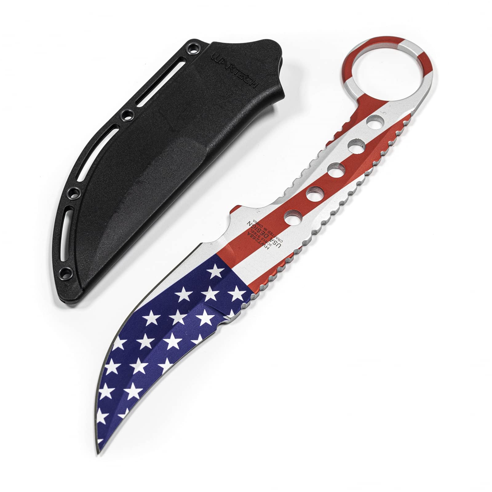 ASR Tactical Full Tang Survival Knife with Clip Point Blade, Slim Kydex Sheath & Hook Handle - American Flag Design - Perfect for Camping, Hunting, and Outdoor Adventures