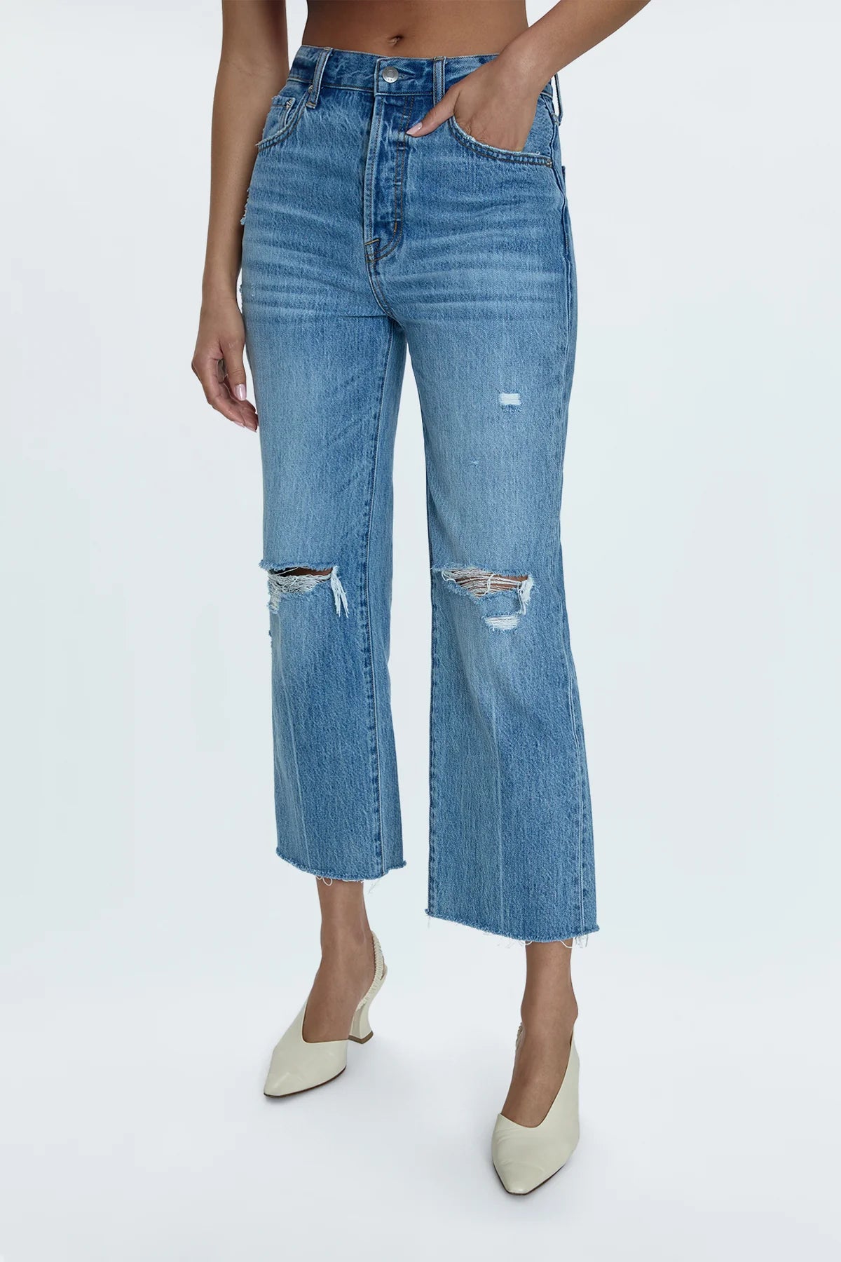 Cassie Crop Jeans - Women's High Waisted Distressed Denim Jeans in Bushwick Wash | Perfect for Casual Outfits & Streetwear Fashion