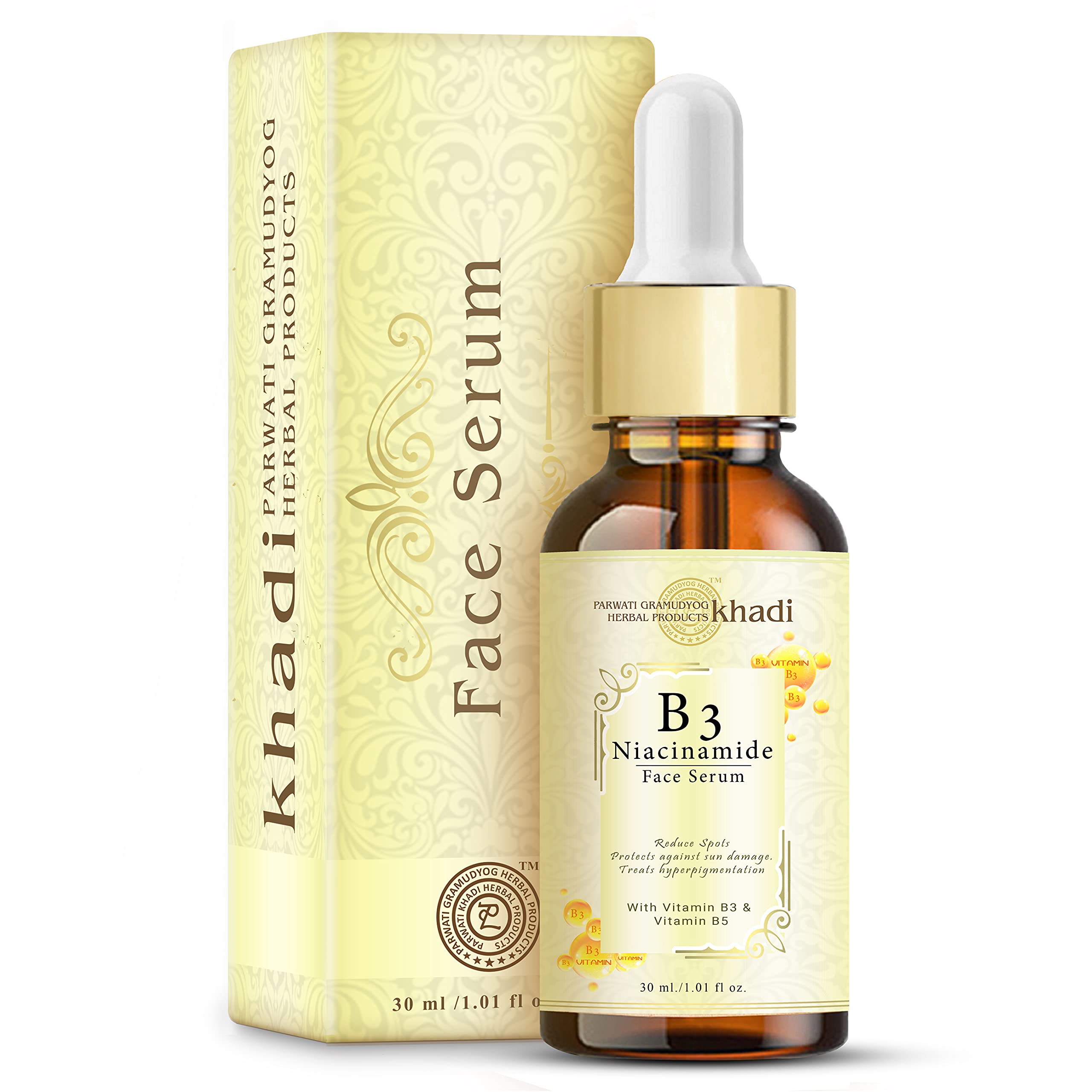 Khadi Niacinamide Vitamin B3 Face Serum with Vitamin B5 - Improves Skin Texture, Reduces Dark Spots & Hyperpigmentation, Sun Damage Protection - 30ml (Pack of 1) - Perfect for Daily Skincare Routine & Anti-Aging Treatment