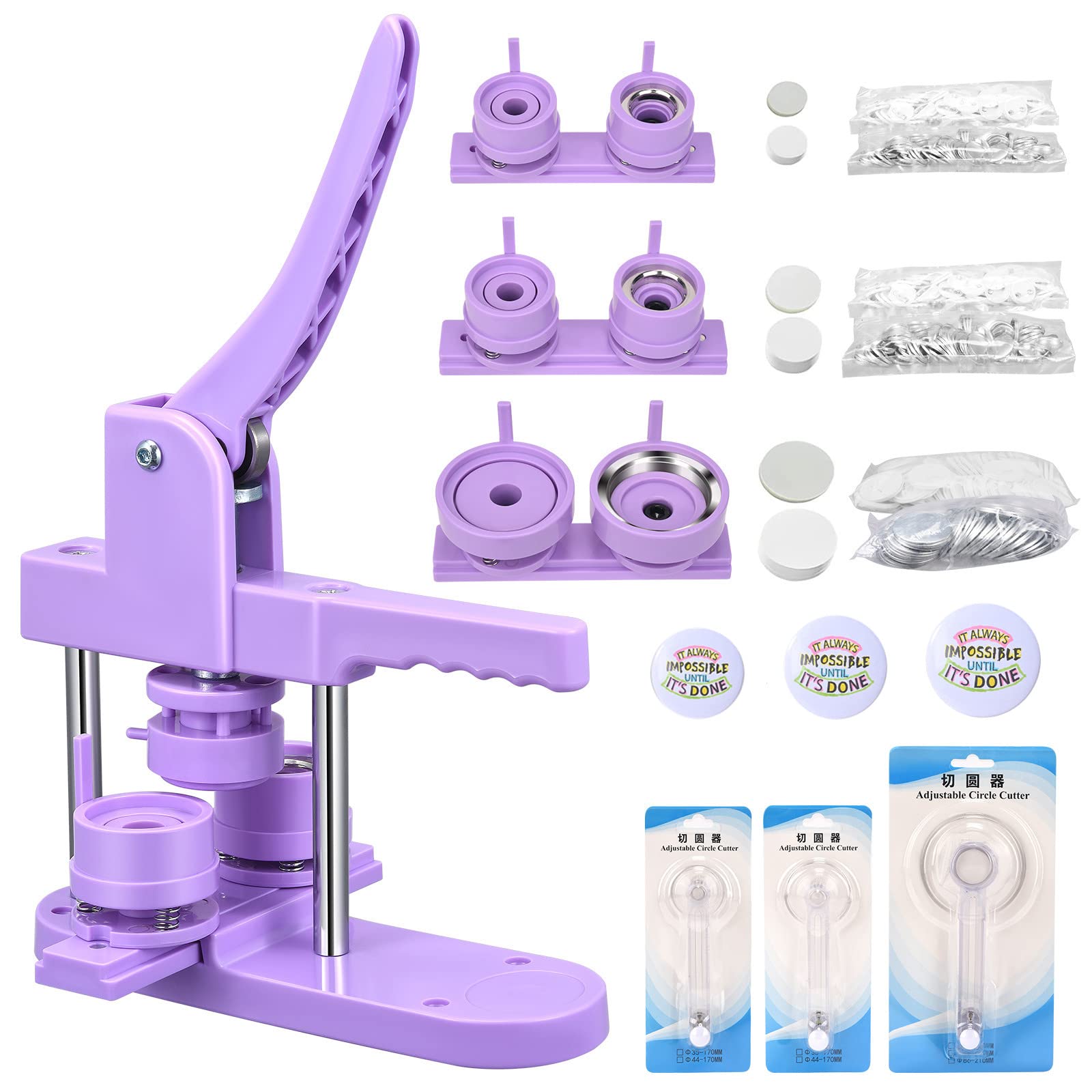 DIY Button Badge Maker Machine Kit - 1/1.25/2.25 Inch 3 Sizes with 300pcs Button Parts, Pins, Papers & Plastic Films - Includes 3 Circle Cutters for Custom Badges, Pins, Mirrors - Perfect for Crafts, Gifts, Promotions & Events (Purple)