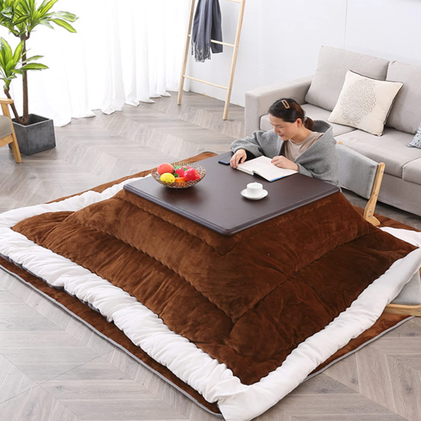 Japanese Kotatsu Table Heater Set - 31.5x31.5 Inch Heated Table with Washable Comforter, Blanket & Rug (4-Piece, Brown) - Perfect for Winter Warmth, Family Gatherings & Cozy Indoor Relaxation