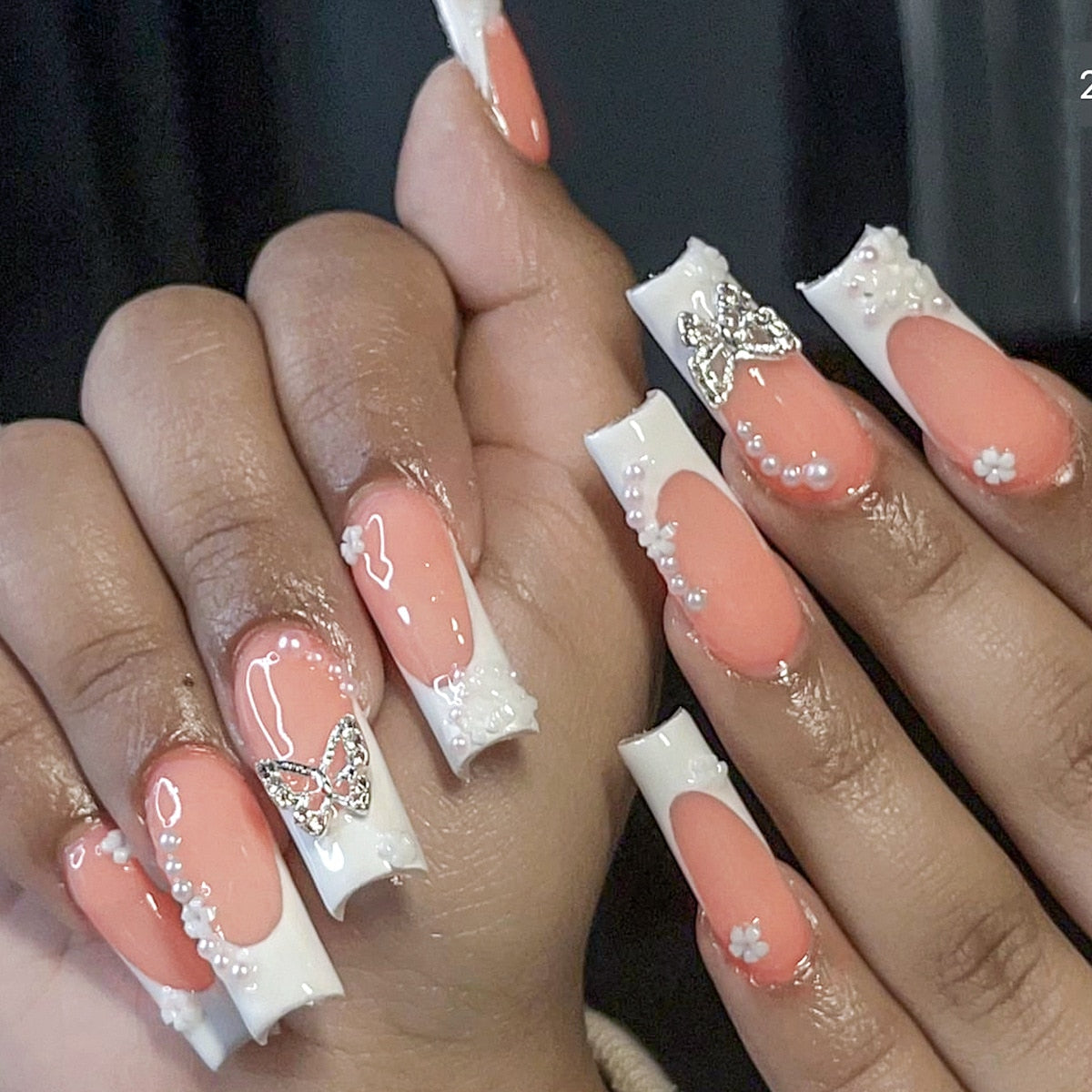 24Pcs Heart Design Press on Fake Nails with Glue - Long Artificial False Nails for Women, Detachable Nail Tips for Parties, Weddings & Special Occasions