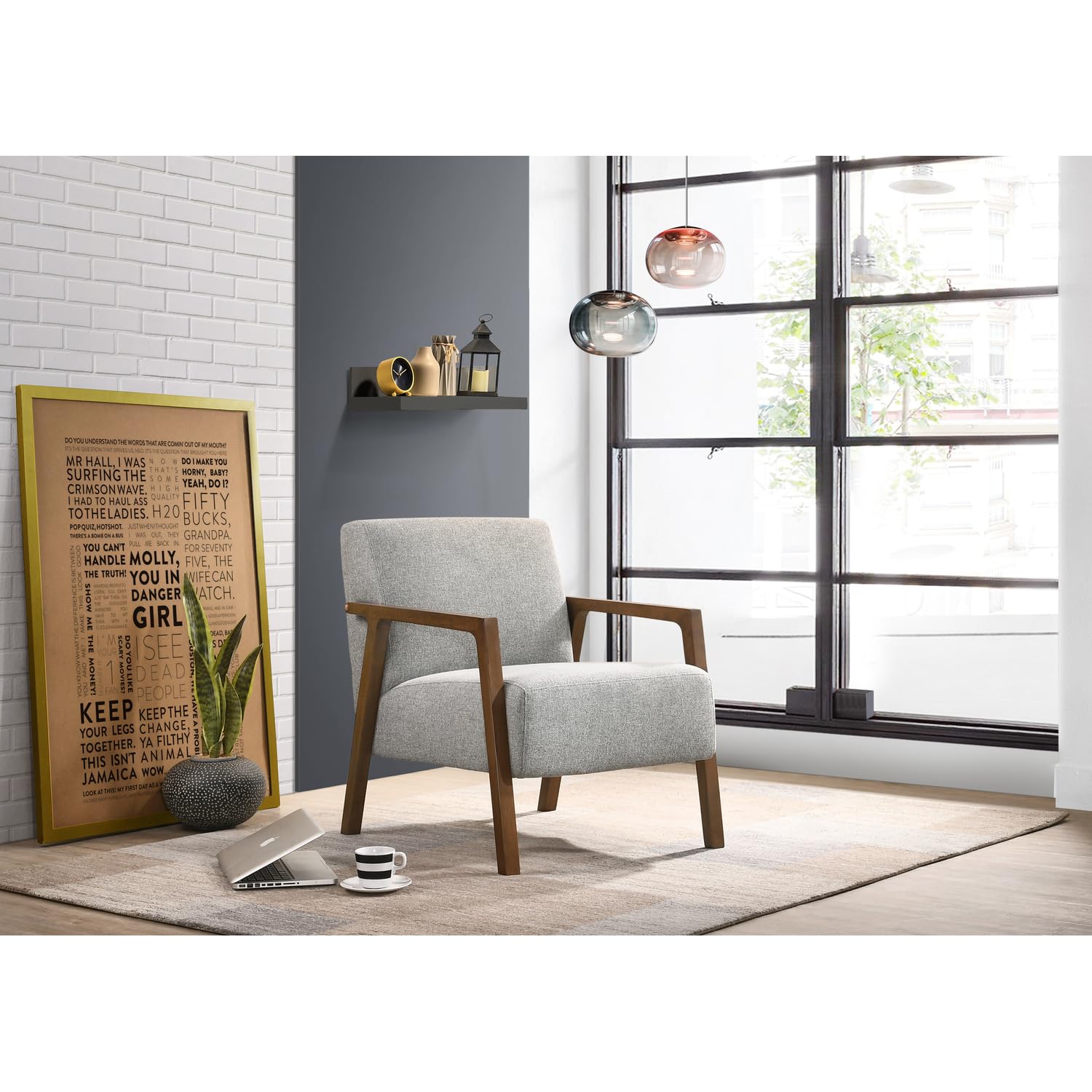 Fletcher Solid Wood & Fabric Upholstered Lounge Accent Chair - Grey Modern Living Room Chair for Home Office, Reading Nook & Cozy Sitting Area