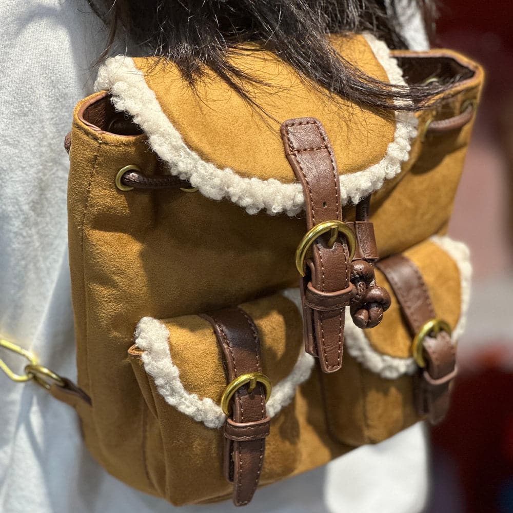 AG Collective Retro Fluffy Bucket Backpack - Cute Casual Women's Shoulder Bag for College, Travel & Everyday Use