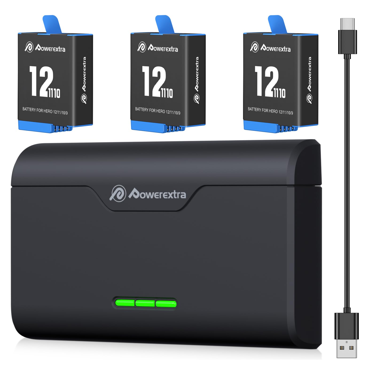 Powerextra 3-Pack 2250mAh Replacement Battery for GoPro Hero 8/9/10/11/12 with 3-Channel Type-C/USB Fast Charger - Waterproof Action Camera Accessories for Travel, Vlogging & Outdoor Adventures
