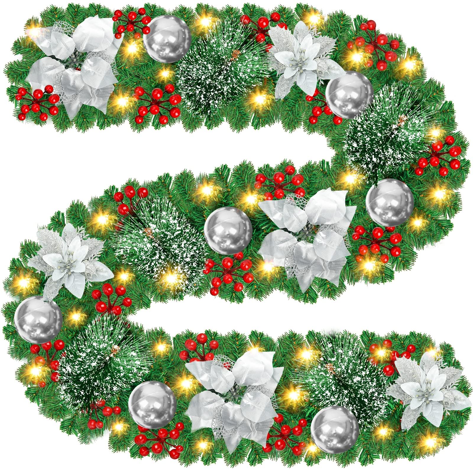 9FT Christmas Garland with Lights - Silver Holiday Wreath for Fireplace, Stairs, Wedding & Party Decorations | Perfect for Indoor/Outdoor Xmas Decor