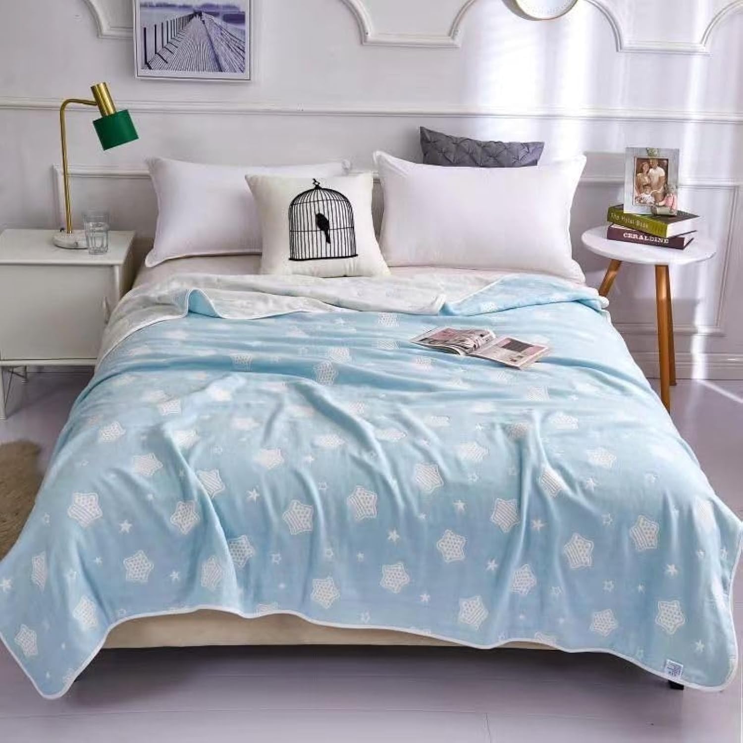 6-Layer 100% Cotton Muslin Blanket Queen Size - Cartoon Blue Star Design, Lightweight & Breathable for All Seasons | Perfect for Sofa, Bed, Nursery, Travel & Picnic Blanket