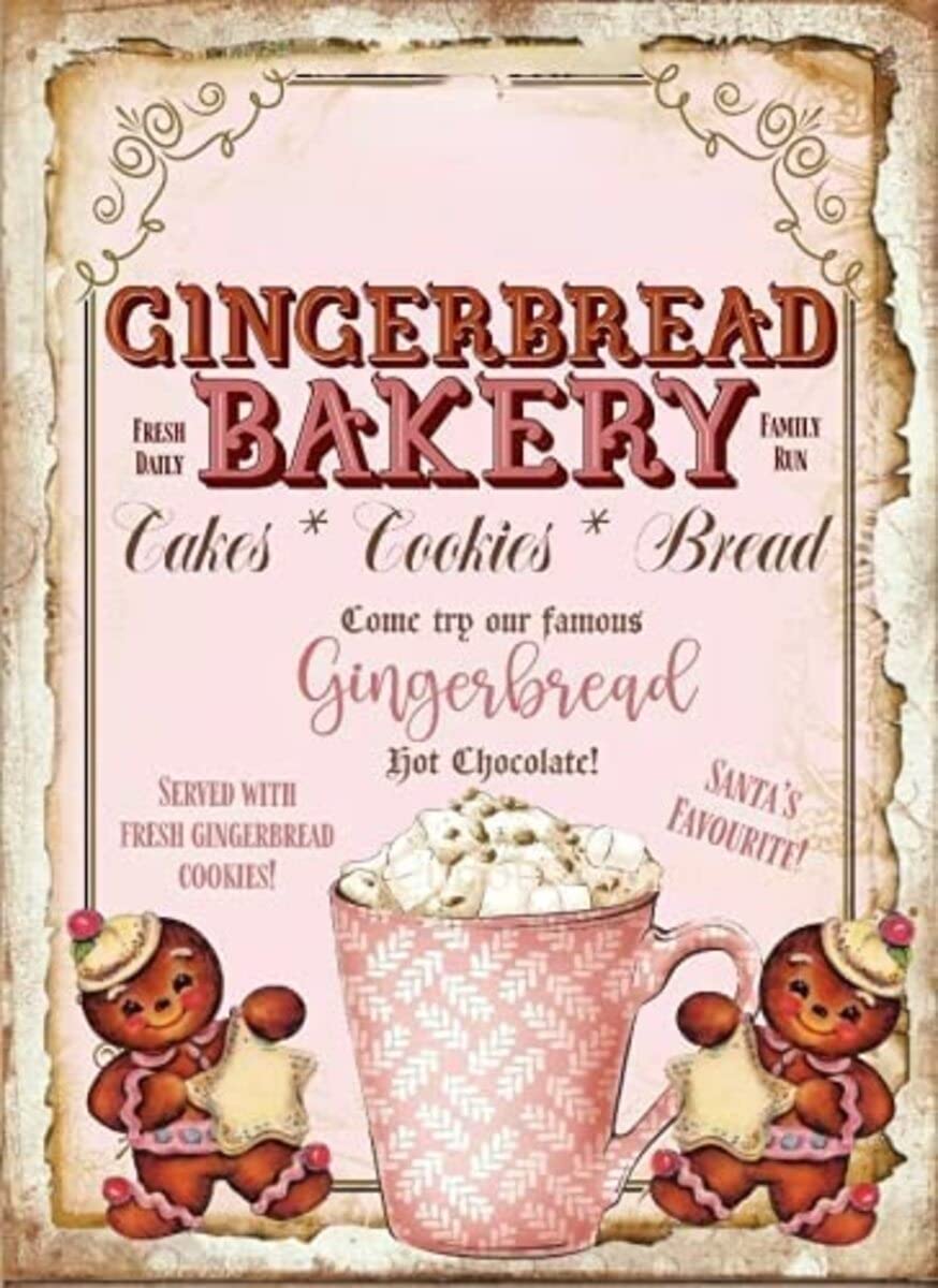 Vintage Christmas Gingerbread Pink Tin Sign - 8x12 Inch Metal Plaque for Cafe, Bar & Home Holiday Decor - Perfect for Christmas Party, Kitchen Wall Art & Coffee Shop Decoration