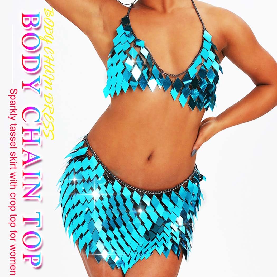 NICUTE Sequin 2-Piece Outfit for Women - Sparkly Bodycon Top & Skirt Set, Dark Blue | Rave, Party, Club Wear, Festival Outfit, Night Out, Bachelorette