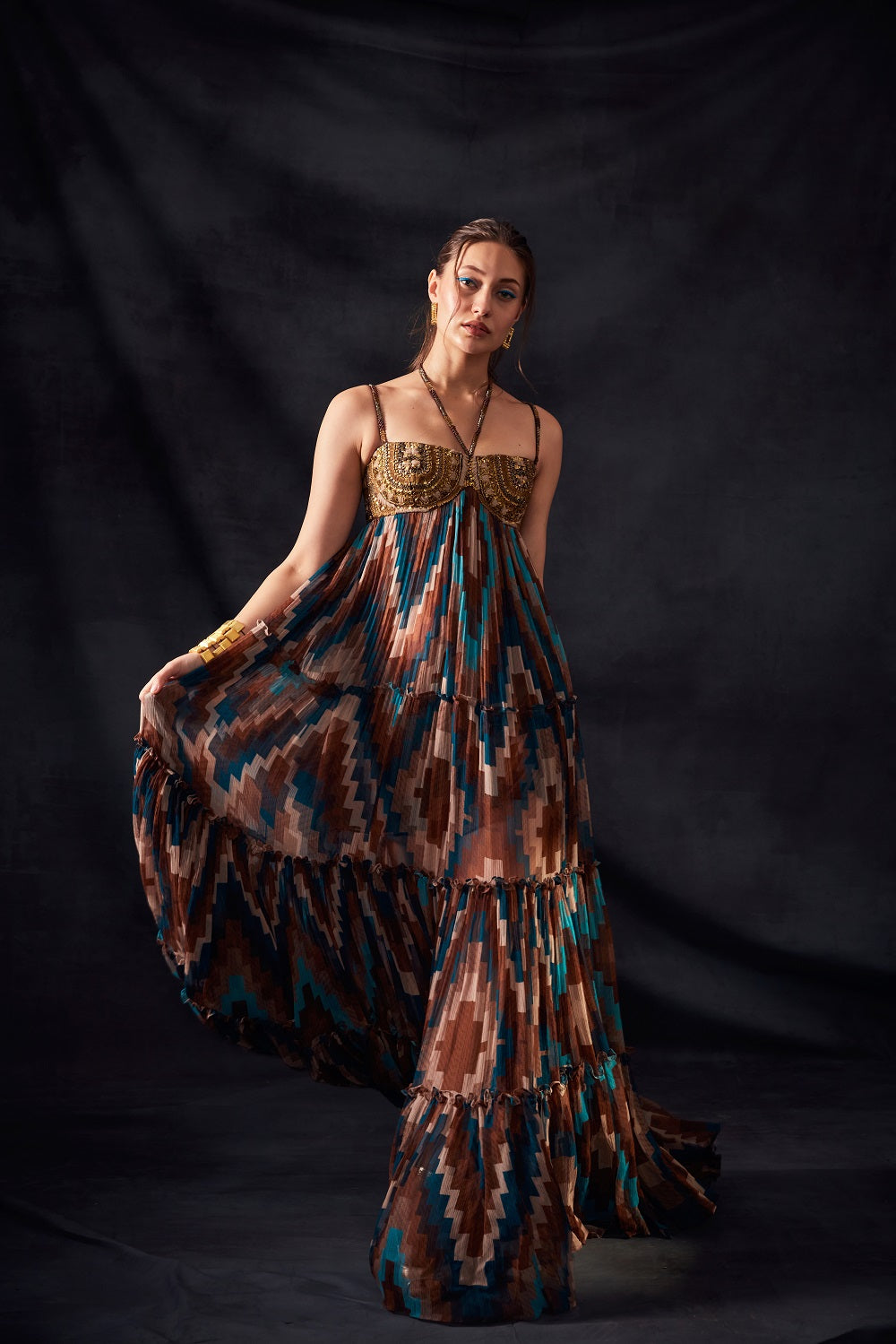 Turquoise Grid Print Maxi Dress with Aged Gold Embroidery - Boho Chic Summer Beach Dress for Vacation & Party Wear