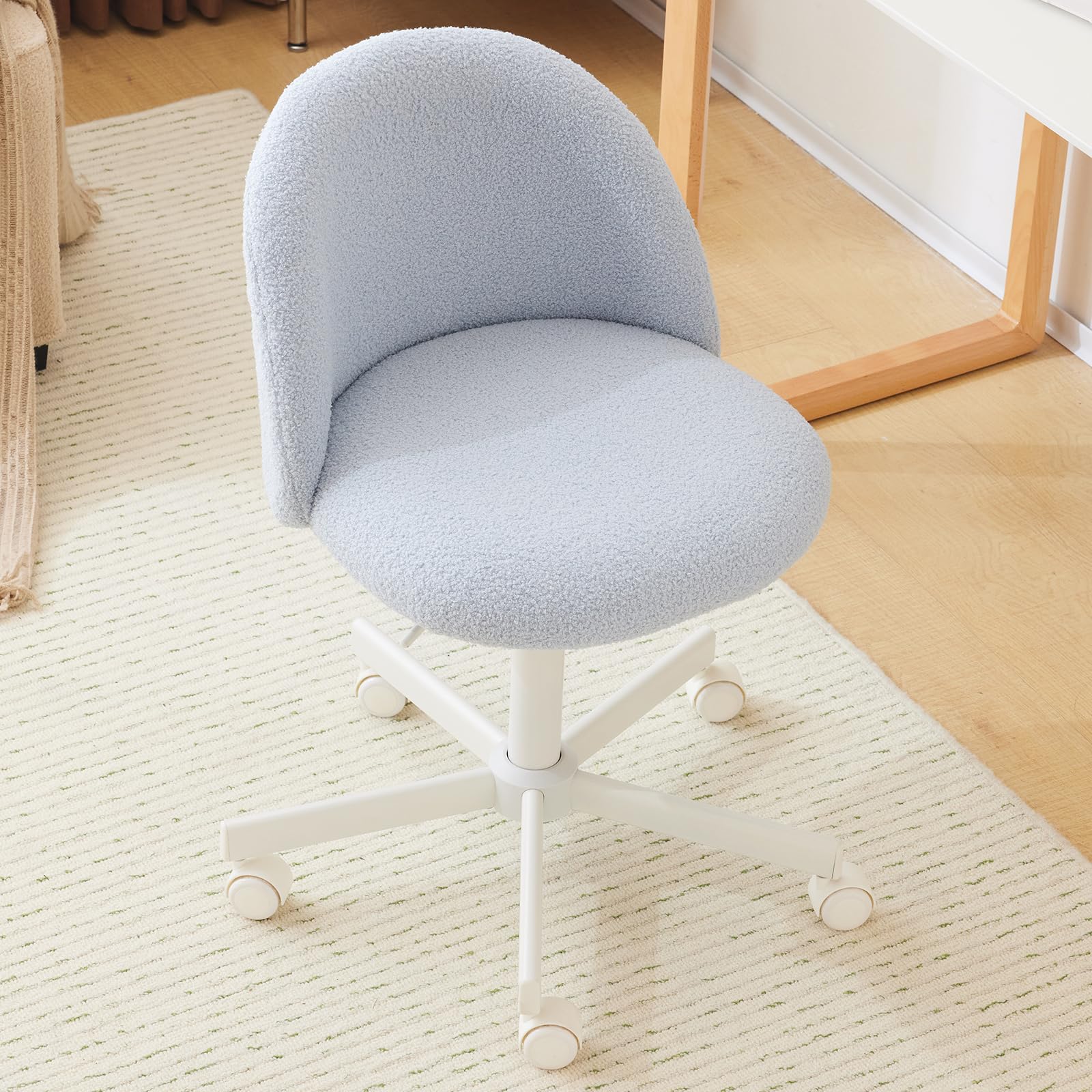 VINGLI Armless Cute Teddy Desk Chair with Wheels - Adjustable Swivel Office Chair with Lumbar Support, Comfortable Small Computer Task Chair for Home Office, Bedroom & Vanity (Poetic Blue) - Perfect for Work, Study & Makeup Stations