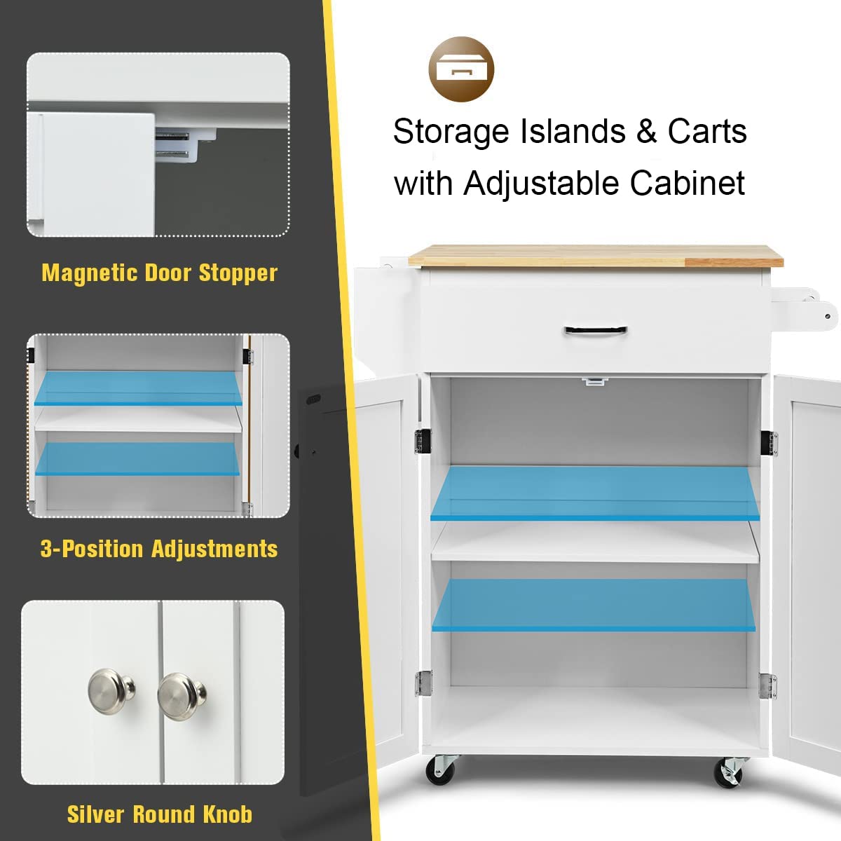 PETSITE Kitchen Island Cart with Wheels - Rolling Mobile Kitchen Storage Cabinet with Drawers, Spice Rack & Towel Rack - Perfect for Small Kitchens, Apartments & Food Prep Stations