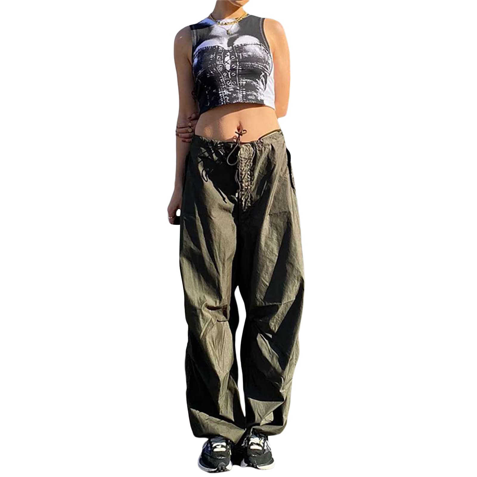 NZNDSHD Women's Baggy Cargo Pants - Low Waist Wide Leg Parachute Pants with Drawstring | Y2K Streetwear Joggers & Sweatpants | Perfect for Casual Outfits, Street Style & Hip Hop Fashion