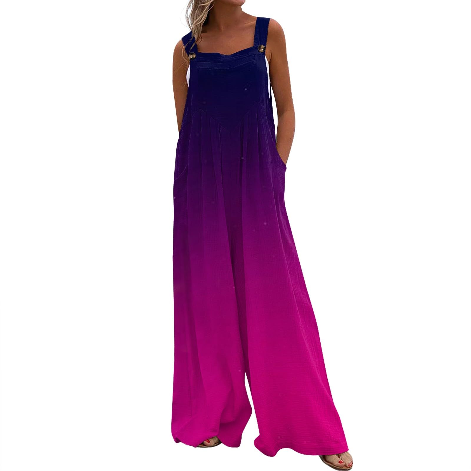 Women's Casual Loose Sleeveless Jumpsuit - Elegant Gradient Wide Leg Romper with Pockets | Summer Outfit, Beach Wear, Street Fashion