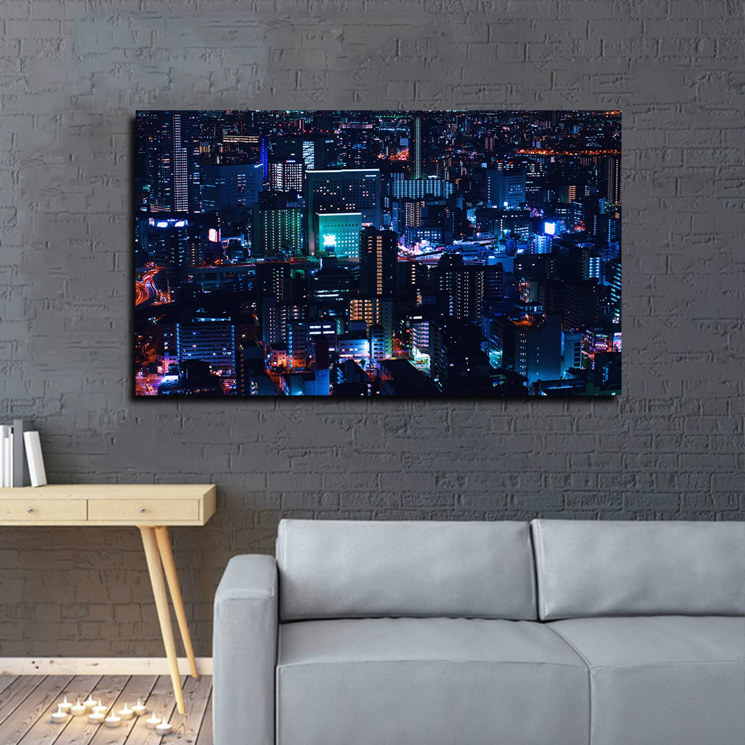 Urban Night City Skyline Canvas Wall Art - Framed Downtown Painting for Home, Office, Bedroom & Living Room Decor | Ready to Hang | Perfect for Modern Interior Design & City Lover Gifts
