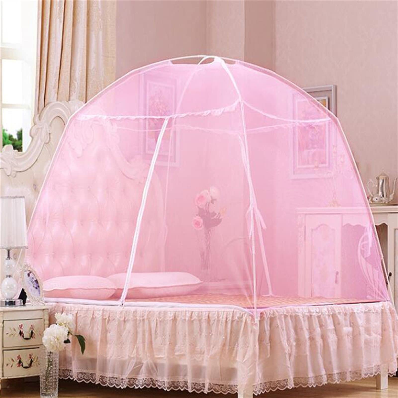 Pink Bed Canopy Curtain - 180cm x 200cm Folding Mesh Dome Tent for Bedroom Decor, Princess Bed, Boho Yurt Style, Romantic & Cozy Sleeping Space - Perfect for Kids Room, Nursery, or Glamping Setup