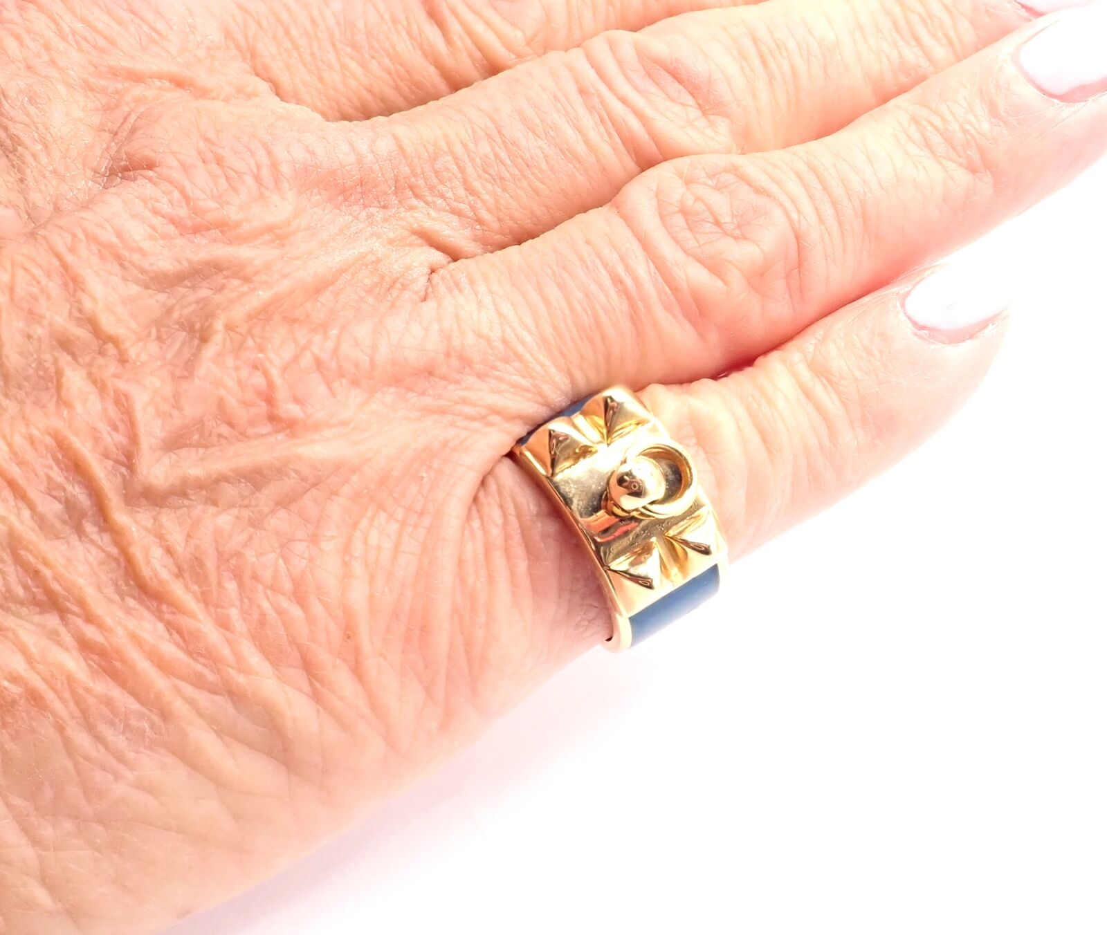 Authentic Hermes Collier de Chien 18K Yellow Gold Blue Enamel Band Ring - Size 6 - Luxury Fashion Jewelry for Women, Perfect for Parties, Weddings & Special Occasions