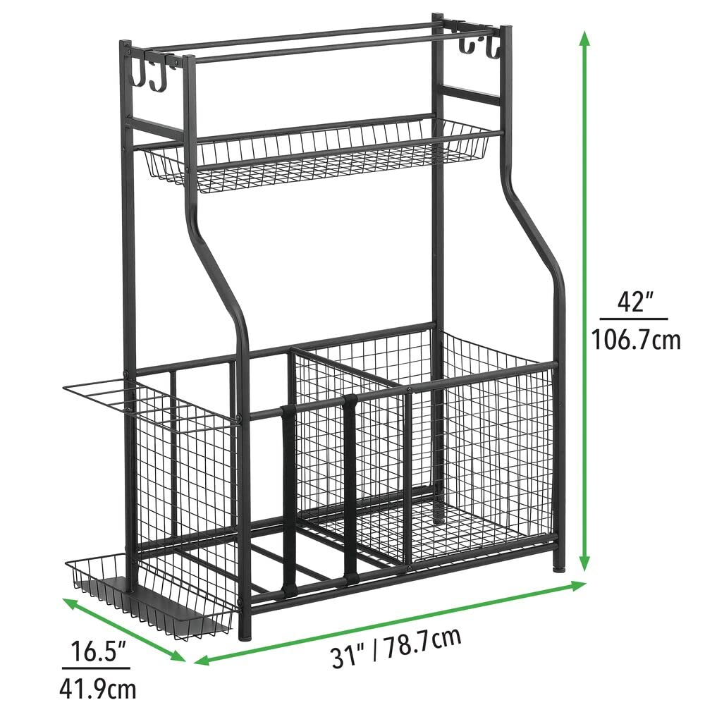 Heavy Duty Metal Garage Storage Rack with Top Shelf - Multi-Purpose Sports Equipment Organizer with Baskets & Hooks - Perfect for Storing Balls, Bats, Gear in Garage, Basement or Shed - Matte Black
