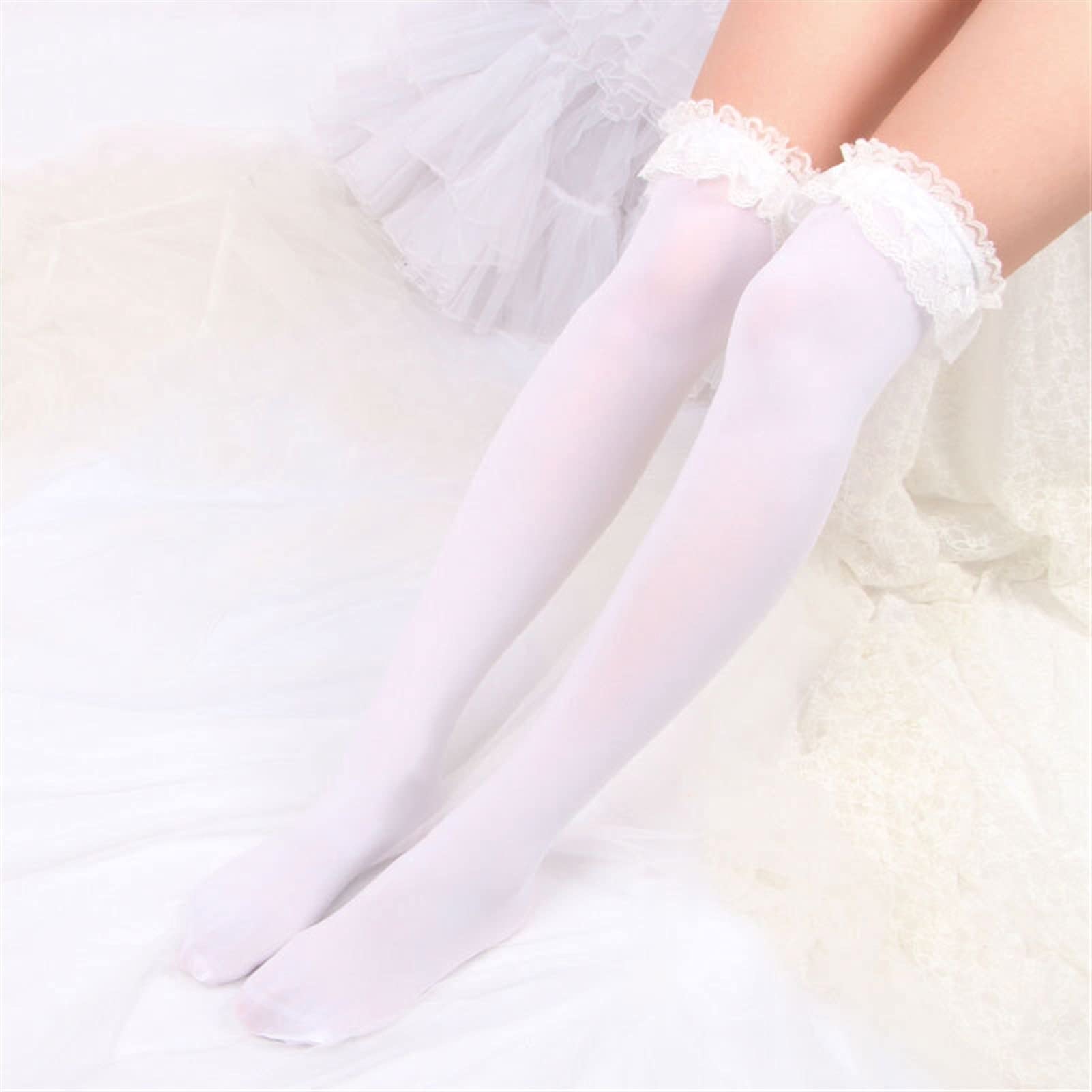 Women's Knee High Socks - Kawaii Gothic Lolita Stockings for Girls, Cute Cosplay Socks (White, One Size) - Perfect for Anime Conventions, Halloween Costumes & Japanese Fashion Outfits