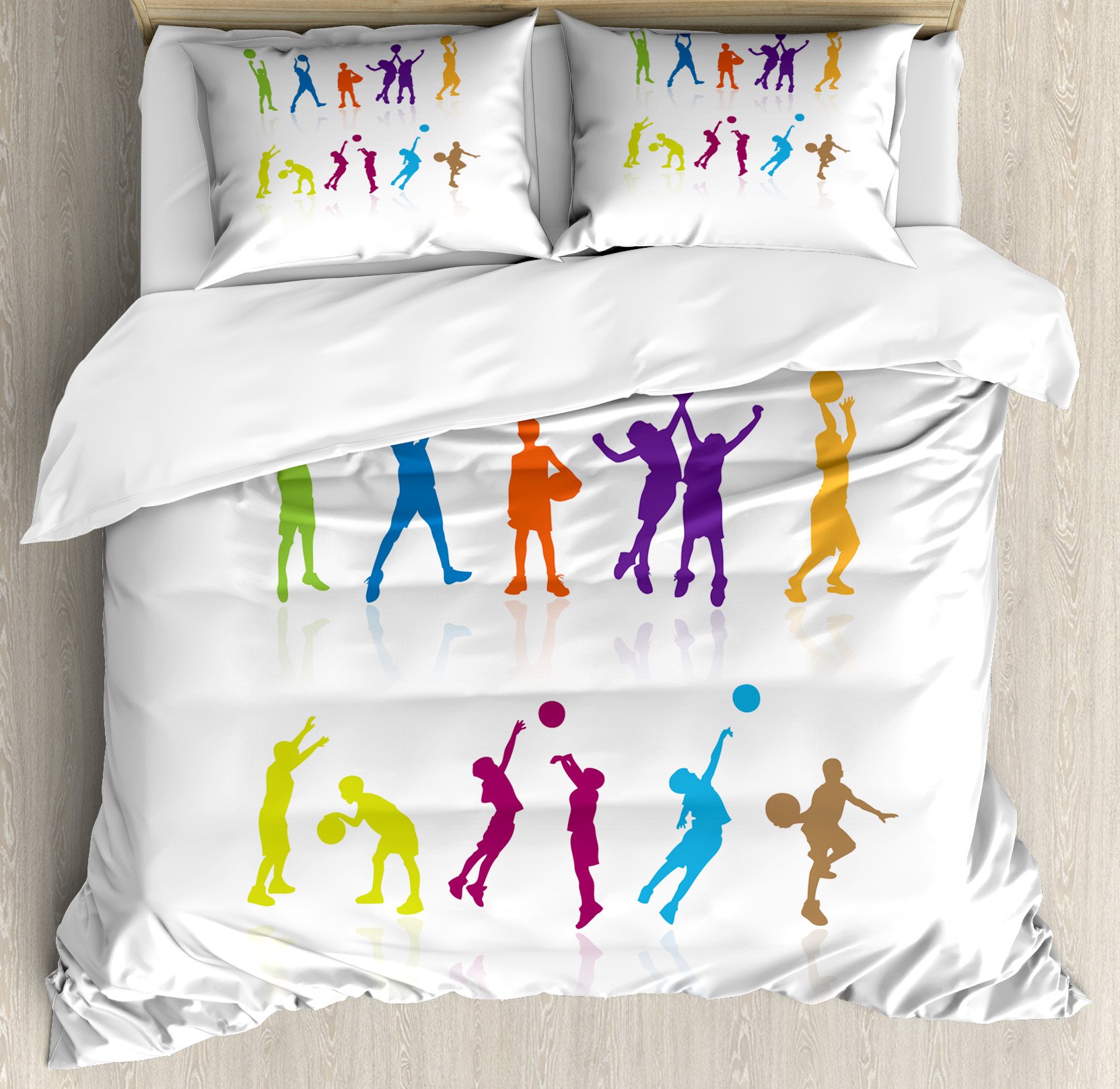 Ambesonne Youth Duvet Cover Set - Colorful Basketball Player Silhouette Design with Mirror Reflections, 3-Piece Queen Size Bedding Set with 2 Pillow Shams | Perfect for Teen Boys Room, Sports Themed Bedroom Decor, Gift for Basketball Lovers