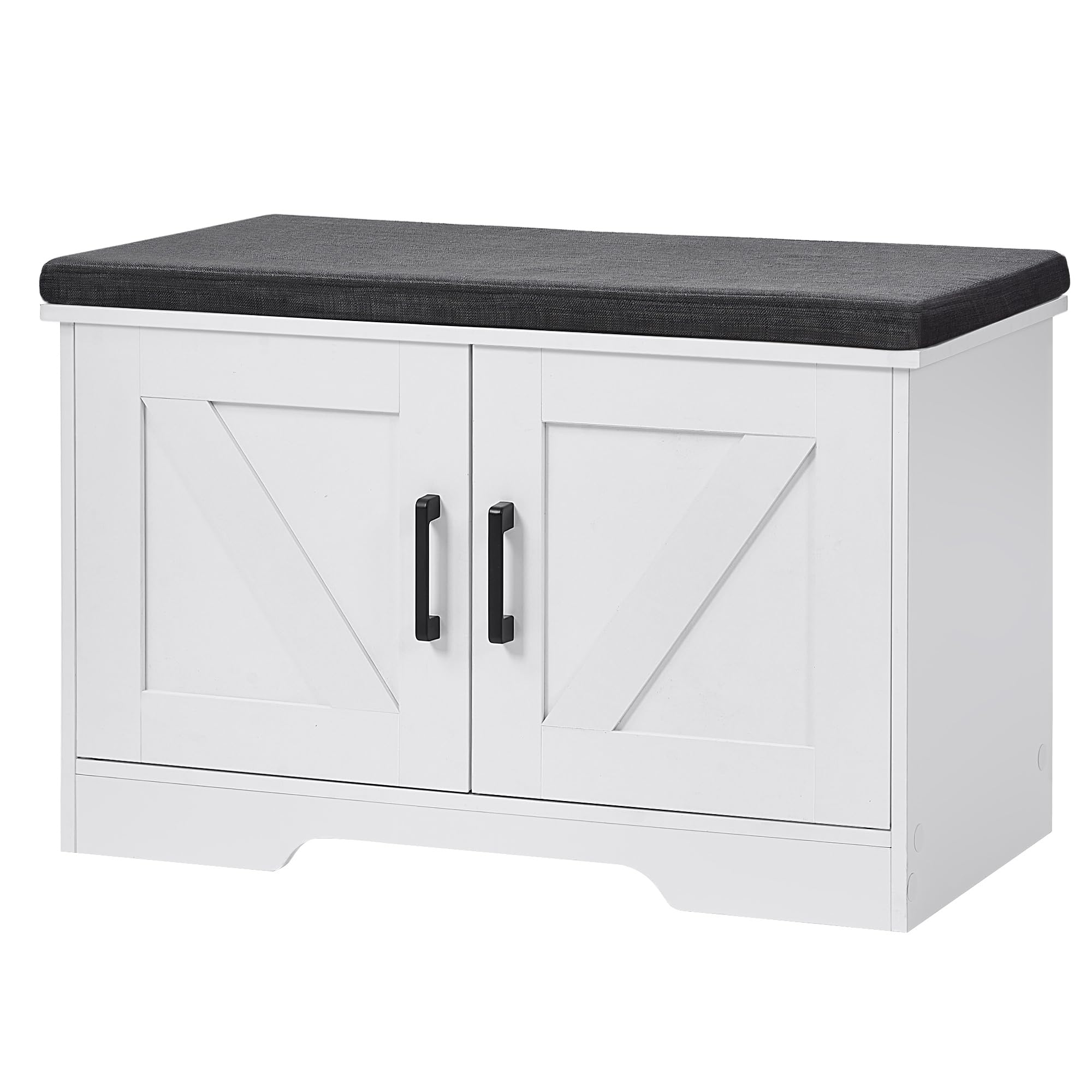 2-Tier Storage Bench with Padded Seat Cushion - Entryway Shoe Bench with 2 Barn Doors & Adjustable Shelf - 13.8