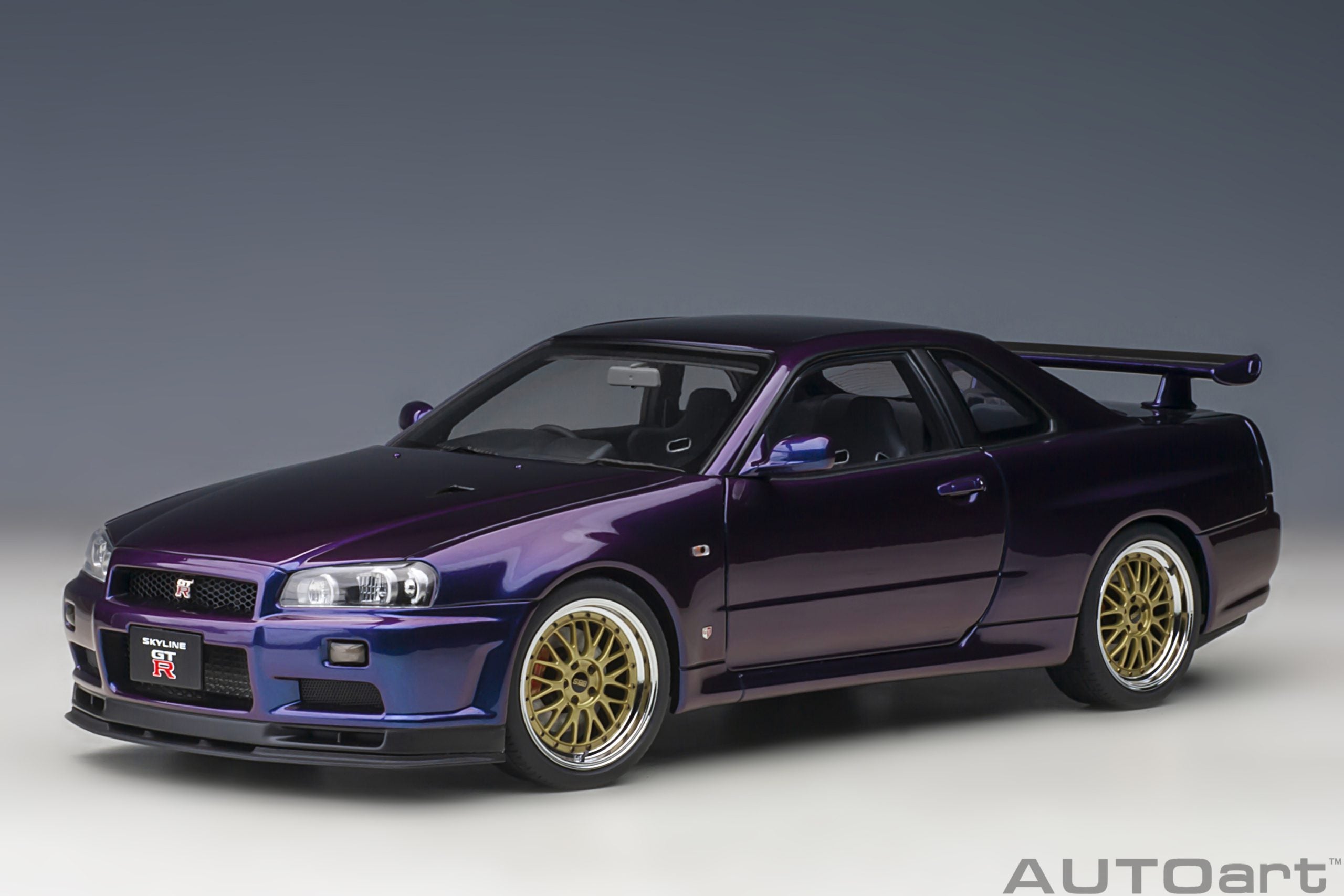 AUTOart 1:18 Scale Nissan Skyline GT-R R34 V-Spec II Diecast Model Car - Midnight Purple III with BBS LM Wheels - Collectible Display for Car Enthusiasts & Perfect Gift for Racing Fans