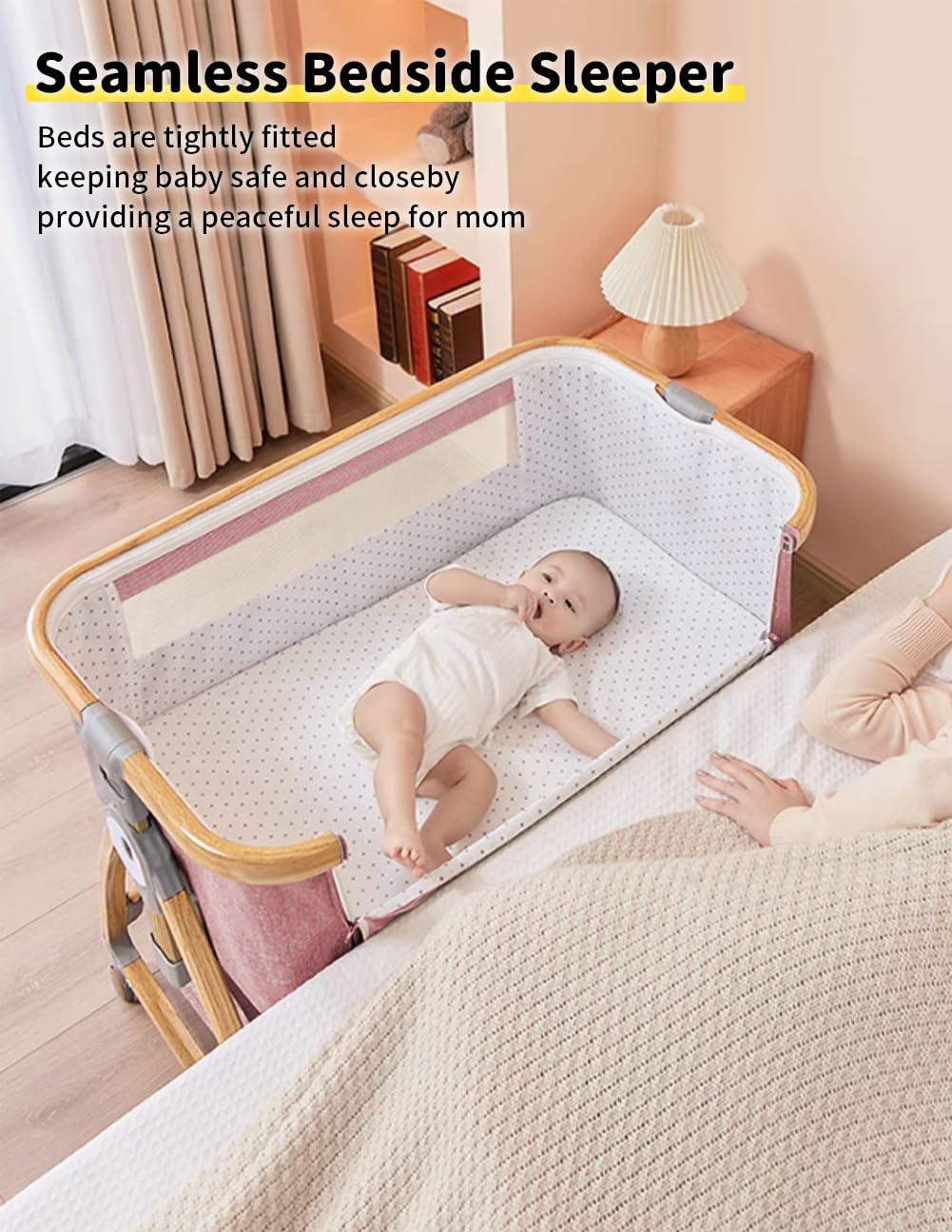 Bonbay 4-in-1 Portable Baby Bassinet Bedside Sleeper with Wheels, Mosquito Net & Storage Basket - 6 Height Adjustable Rocking Crib for Newborns | Perfect for Nursery, Bedroom Co-Sleeping & Travel