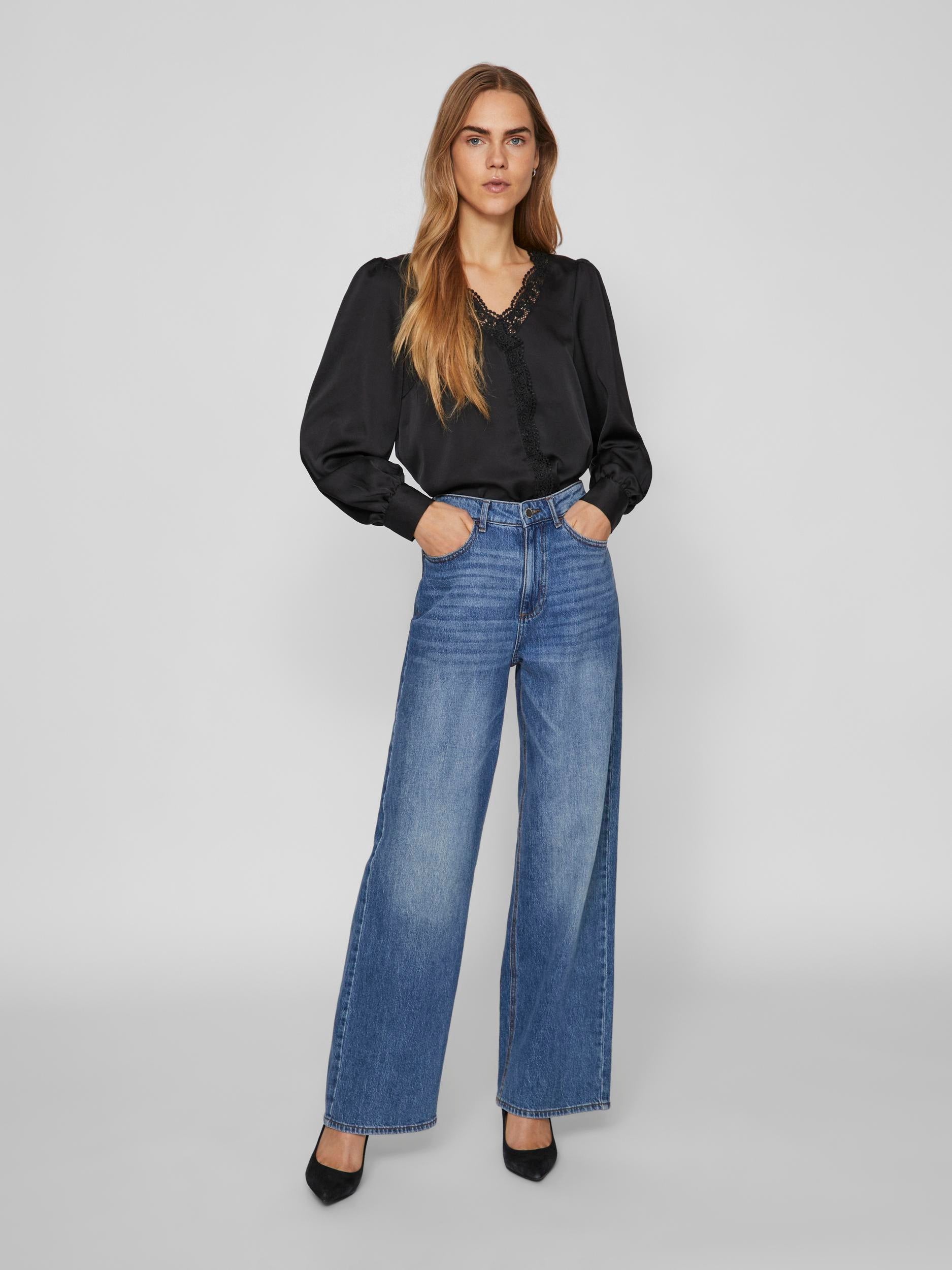 MONI Lace Detail Women's Tops - Elegant Black Blouse with Lace Trim for Casual Wear, Office & Date Night Outfits