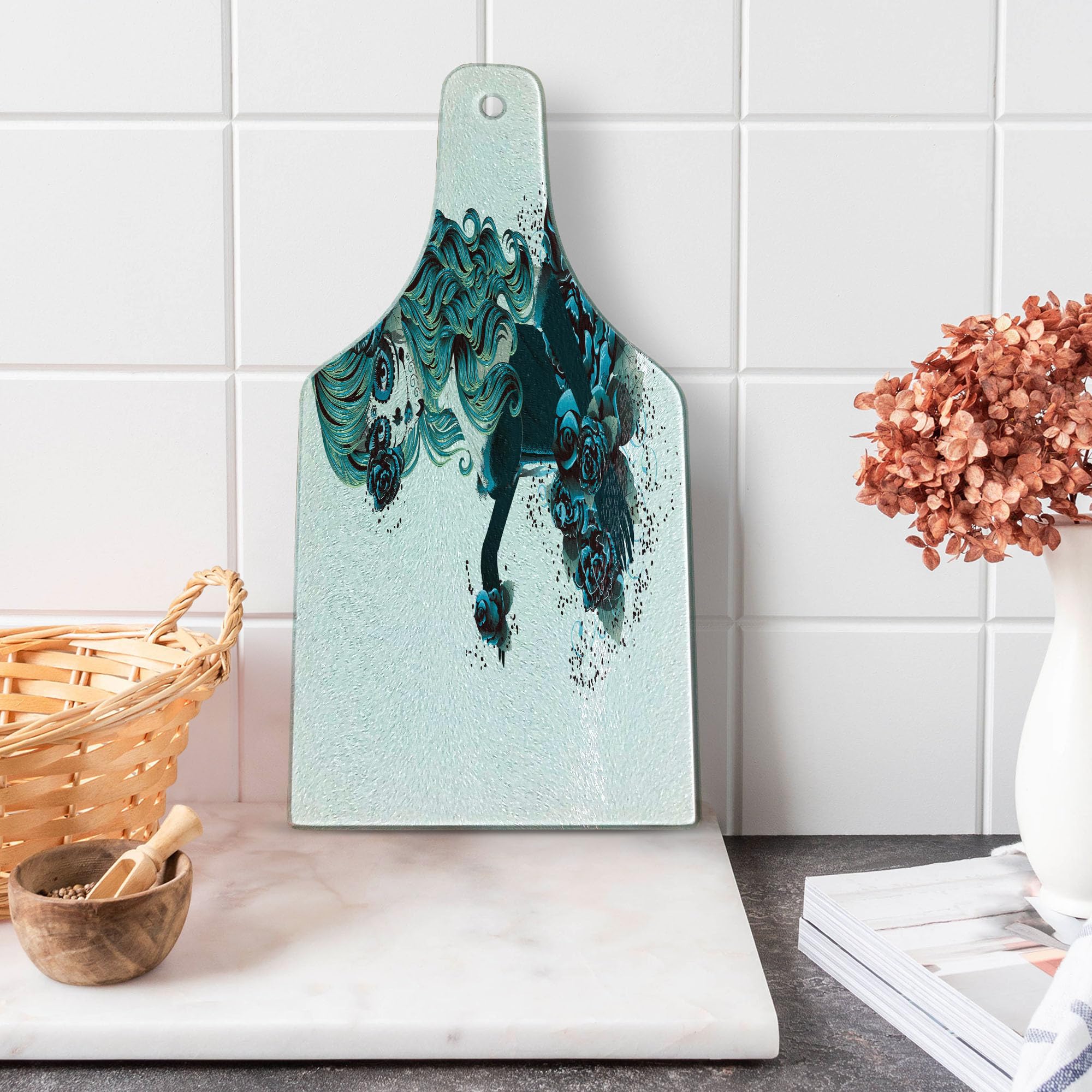 Ambesonne Vintage Sugar Skull Day of the Dead Bride Cutting Board - Petrol Blue & White Tempered Glass Serving Tray with Dark Roses - Perfect for Halloween Decor, Mexican Themed Parties, and Unique Kitchen Gifts