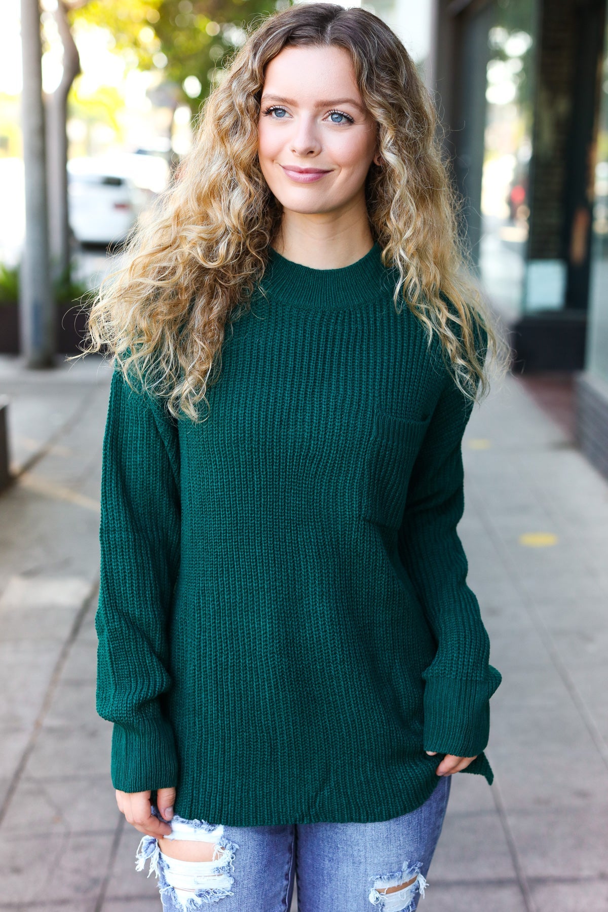 Stylish Hunter Green Mock Neck Knit Sweater with Chest Pocket - Cozy Winter Wear for Women | Perfect for Casual Outings & Office Attire