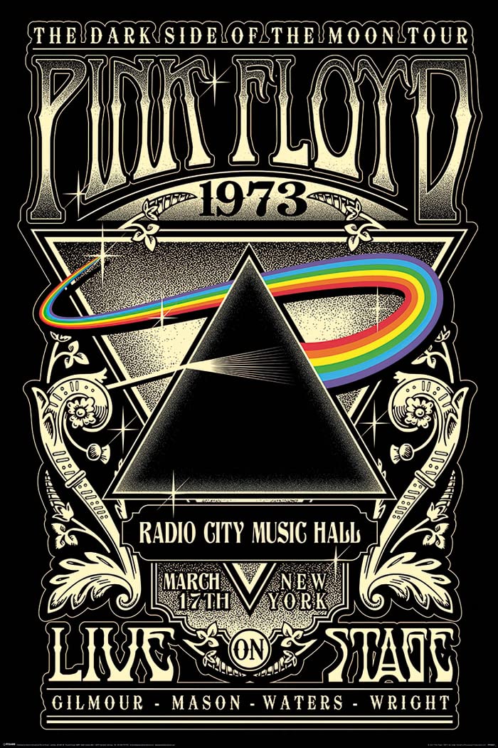 Vintage Pink Floyd Dark Side of The Moon 1973 Radio City Music Hall Concert Poster - 24x36 Inches Framed Wall Art with Hanger - Perfect for Music Lovers, Man Cave & Rock Decor