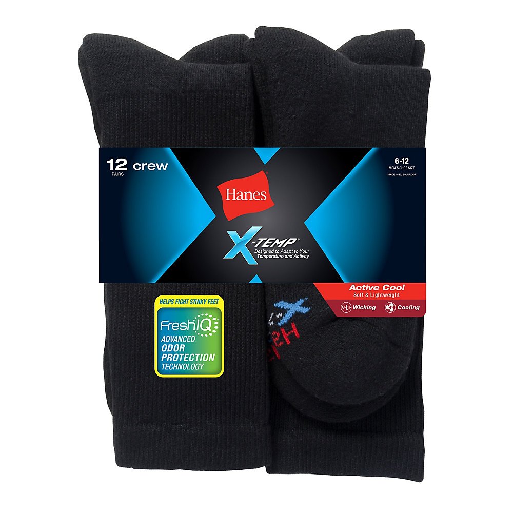 Hanes Men's Active Cool 12-Pack Crew Socks - Moisture Wicking Athletic Socks for Running, Gym & Everyday Wear (Size 6-12, Black) - Comfortable Workout Socks for Sports & Casual Use