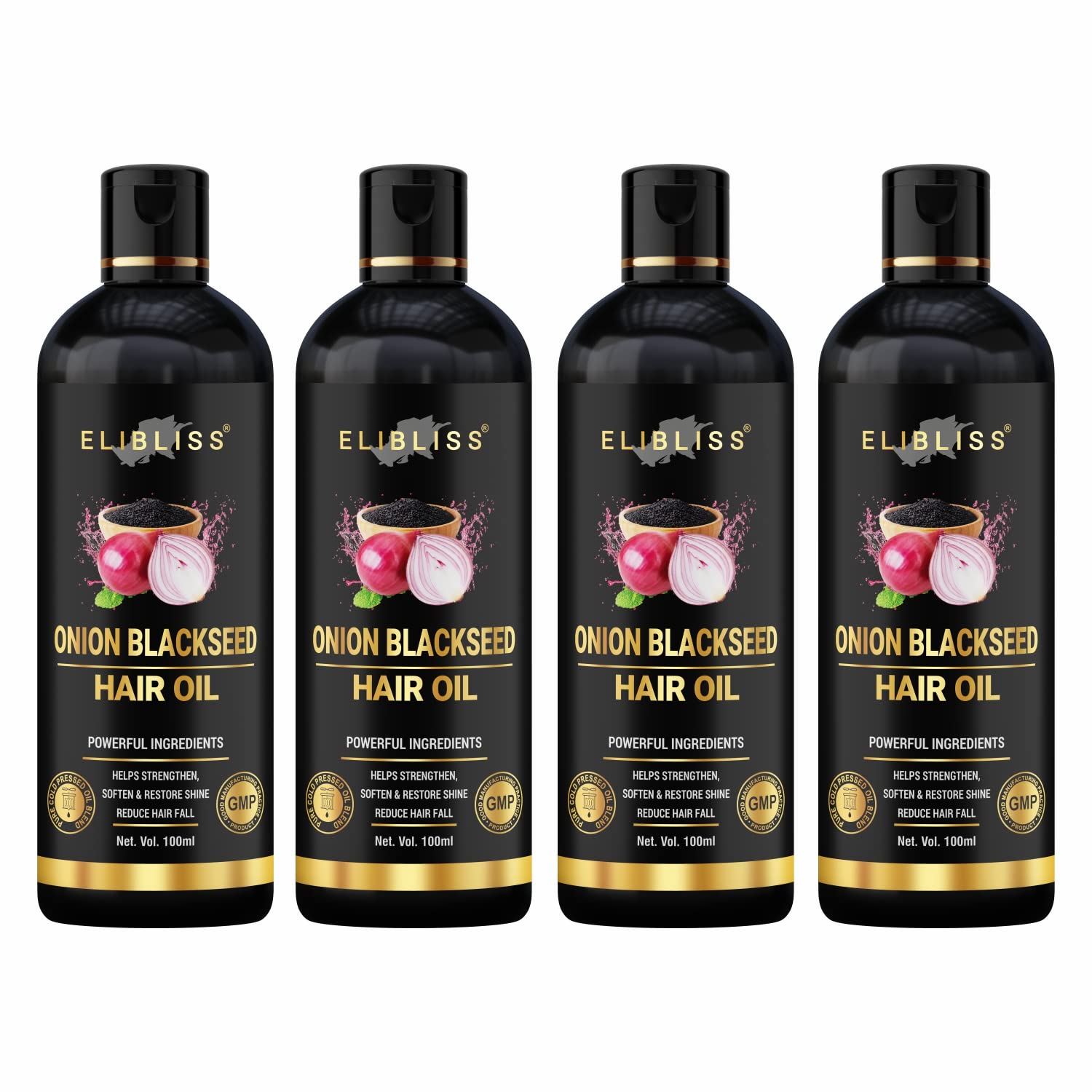Elibliss Onion Hair Oil for Hair Growth & Hair Fall Control - Infused with Black Seed Oil Extracts (4-Pack) | Promotes Thicker, Stronger Hair for Men & Women - Perfect for Daily Hair Care Routine & Scalp Massage
