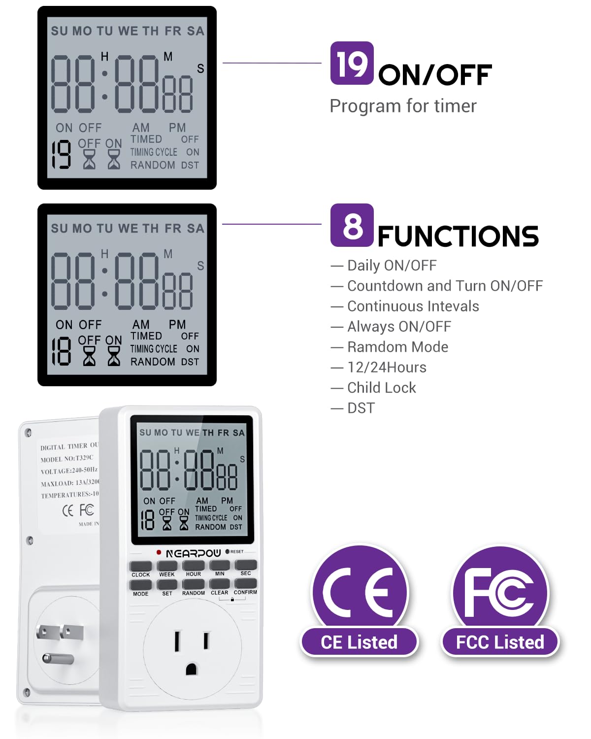 NEARPOW 7-Day Programmable Outlet Timer with Countdown - 19 ON/Off Settings, 15A/1800W, 3-Prong Plug - Perfect for Christmas Lights, Aquariums, Grow Lights & Home Automation