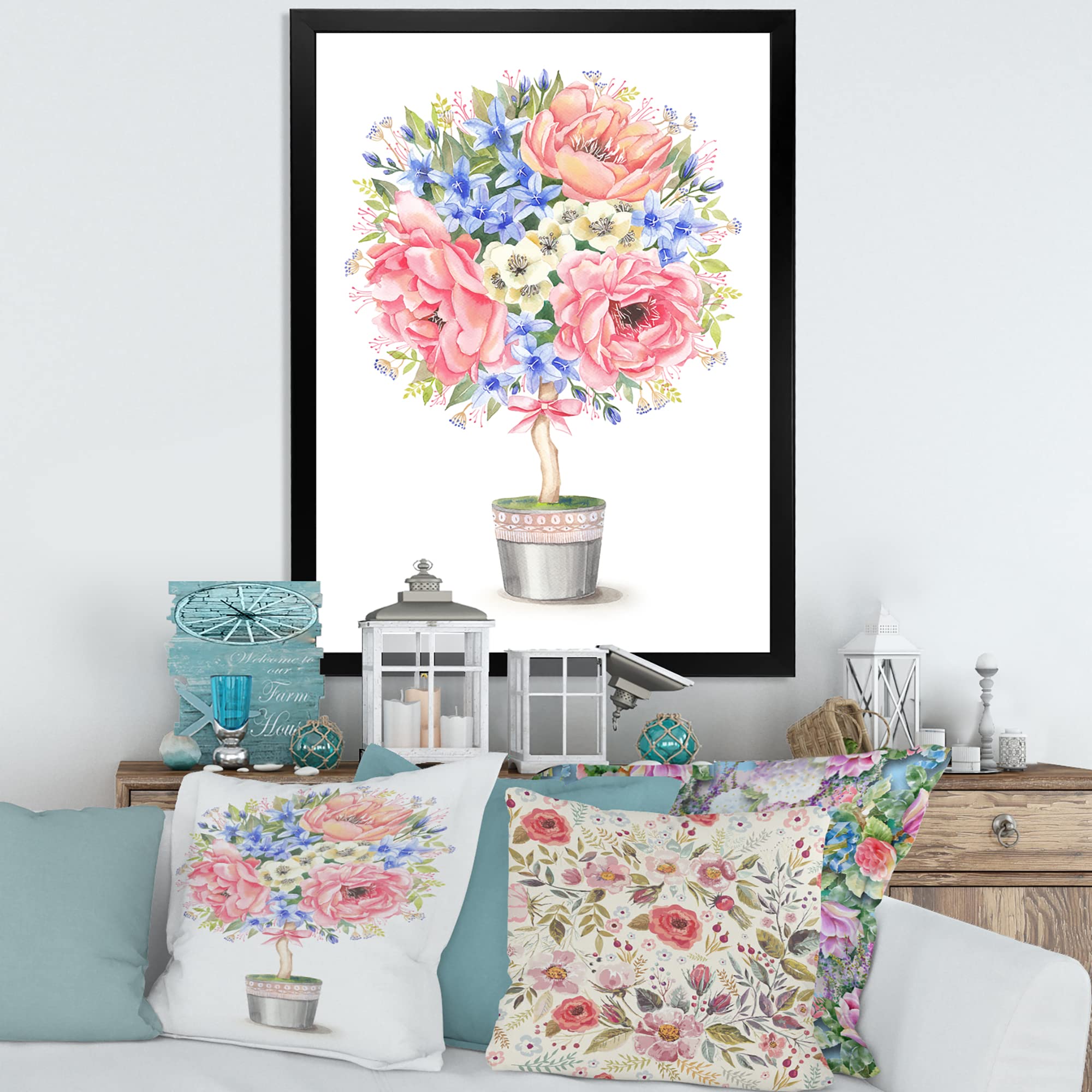 DesignQ Farmhouse Floral Potted Tree Wall Art with Bow - Perfect for Living Room, Bedroom & Home Decor