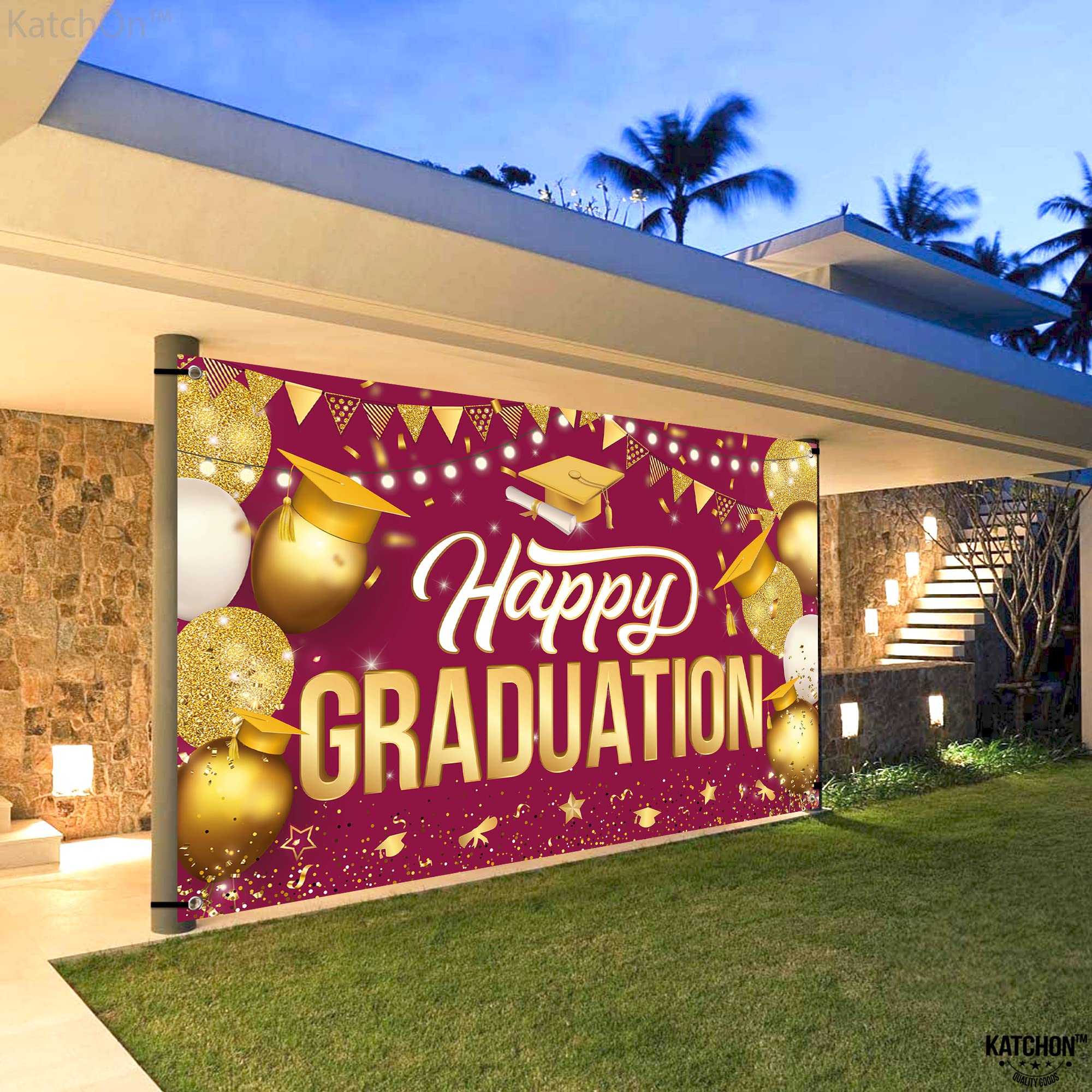KatchOn Extra Large Happy Graduation Banner - 72x44 Inch Maroon & Gold Backdrop for Class of 2025 | 2025 Graduation Decorations, Party Supplies & Photo Booth Background | Perfect for High School, College Ceremonies & Graduation Parties