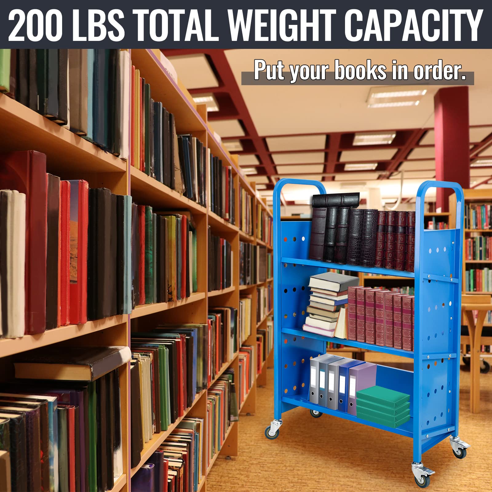 200LBS Heavy Duty Library Book Cart - Single Sided V-Shape Rolling Book Truck with 4 Lockable Wheels for Home, Office & School - Blue (49.2