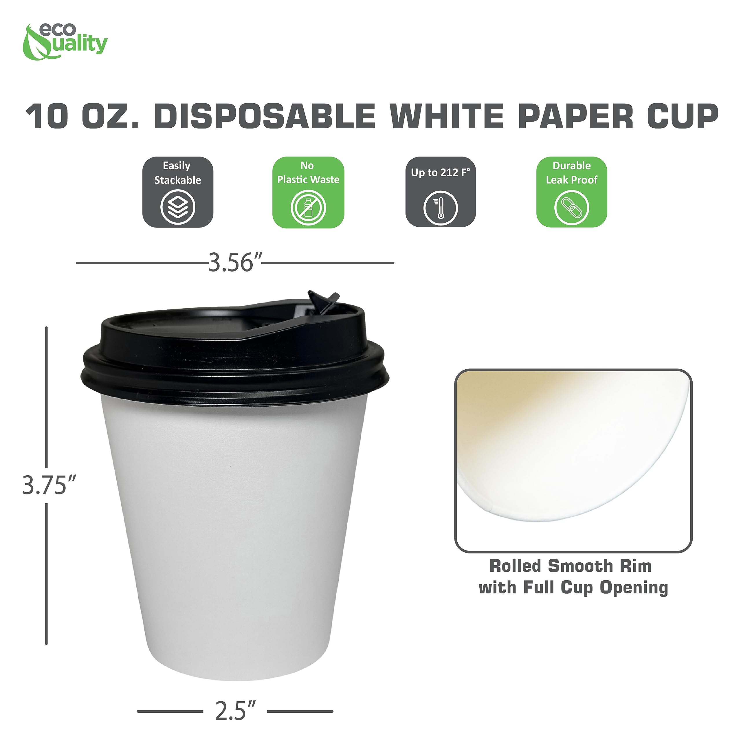 EcoQuality 10oz White Paper Coffee Cups with Black Lids (1000 Count) - Disposable Hot Drink Cups for Coffee, Tea, Cappuccino, Hot Chocolate - Perfect for Office, Travel, Cafes & Home Use